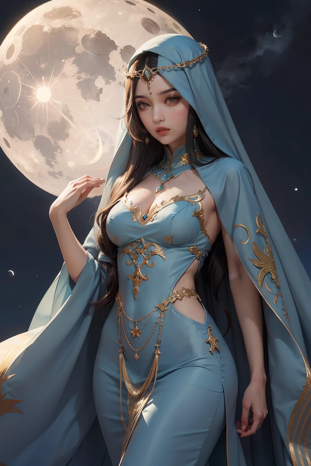 Arabian princesse islamic full covered dress long hair moon behind her above view