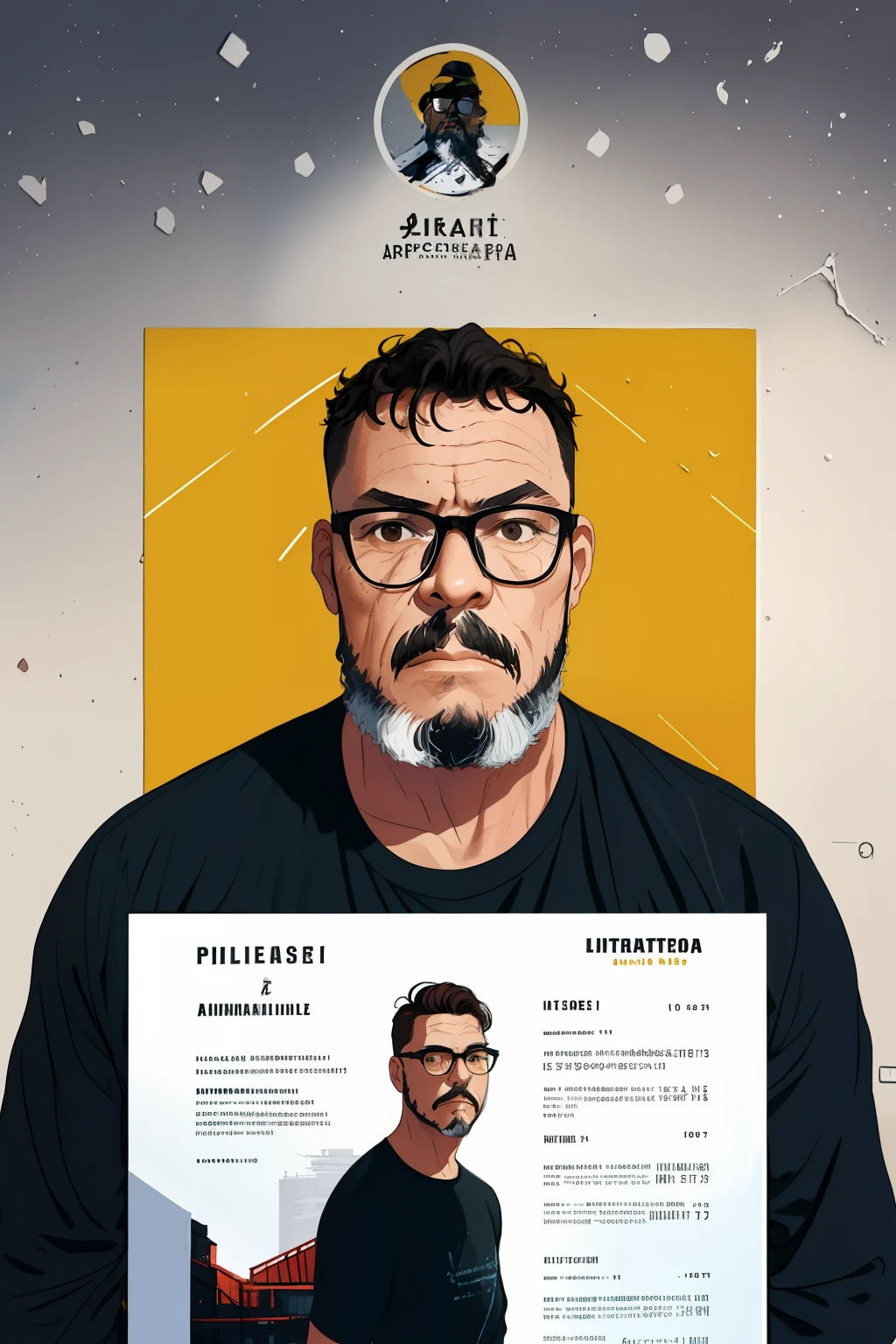 ((best quality)), ((master part)), ((desenhos animados realistas)), ((Personagem perfeito)) - Um retrato frontal, meticulosamente detalhado e realista, of a bearded man wearing glasses and a black shirt. O homem olha diretamente para o espectador, Establish a strong and confident presence. The image captures their distinctive facial features, showing the texture of his beard and the design of his glasses with precision. The black shirt is rendered with fine details, aumentando o profissionalismo do retrato. projetado para documentos oficiais, this portrait is presented in impressive 8K UHD resolution, garantir clareza e autenticidade excepcionais.