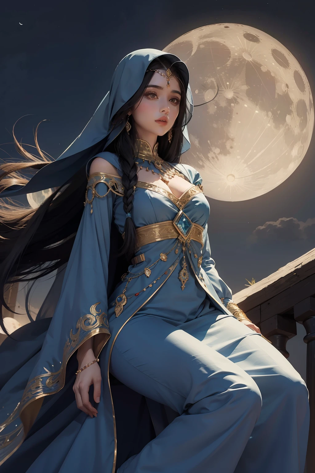 Arabian princesse islamic full covered dress long hair moon behind her above view