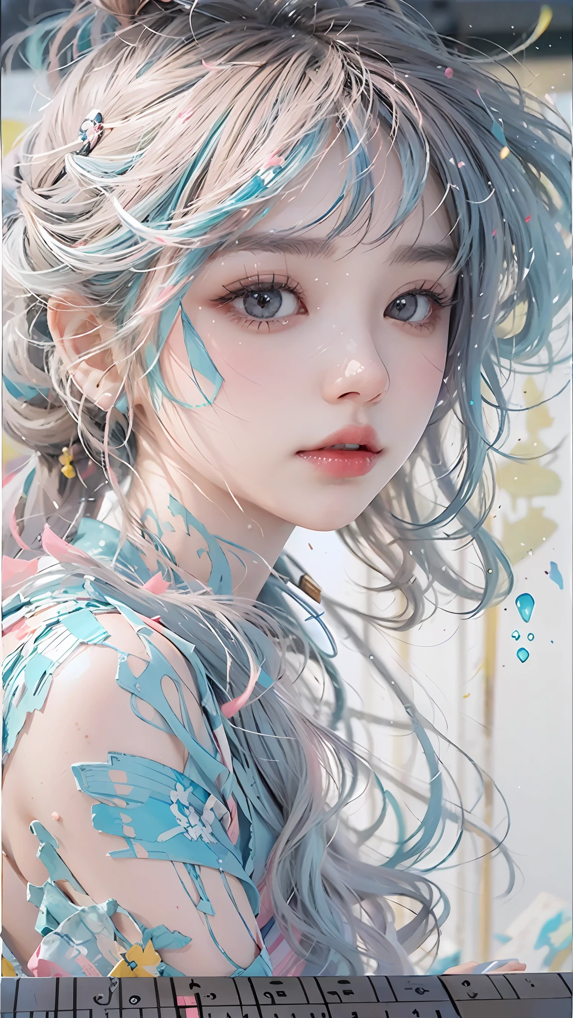 （tmasterpiece、best qualtiy、A high resolution），white backgrounid，Acrylic paints，（（splash of color，Splash ink、Color splattering）），1 sweet asian girl，light blue long hair，[light blues|Pink big breasts]the hair，curlies，White skin，famousartwork，s the perfect face，beauitful face，beautidful eyes，（（Perfect female body））glitters，Pink lips，White color blouse，frontage，The upper part of the body
