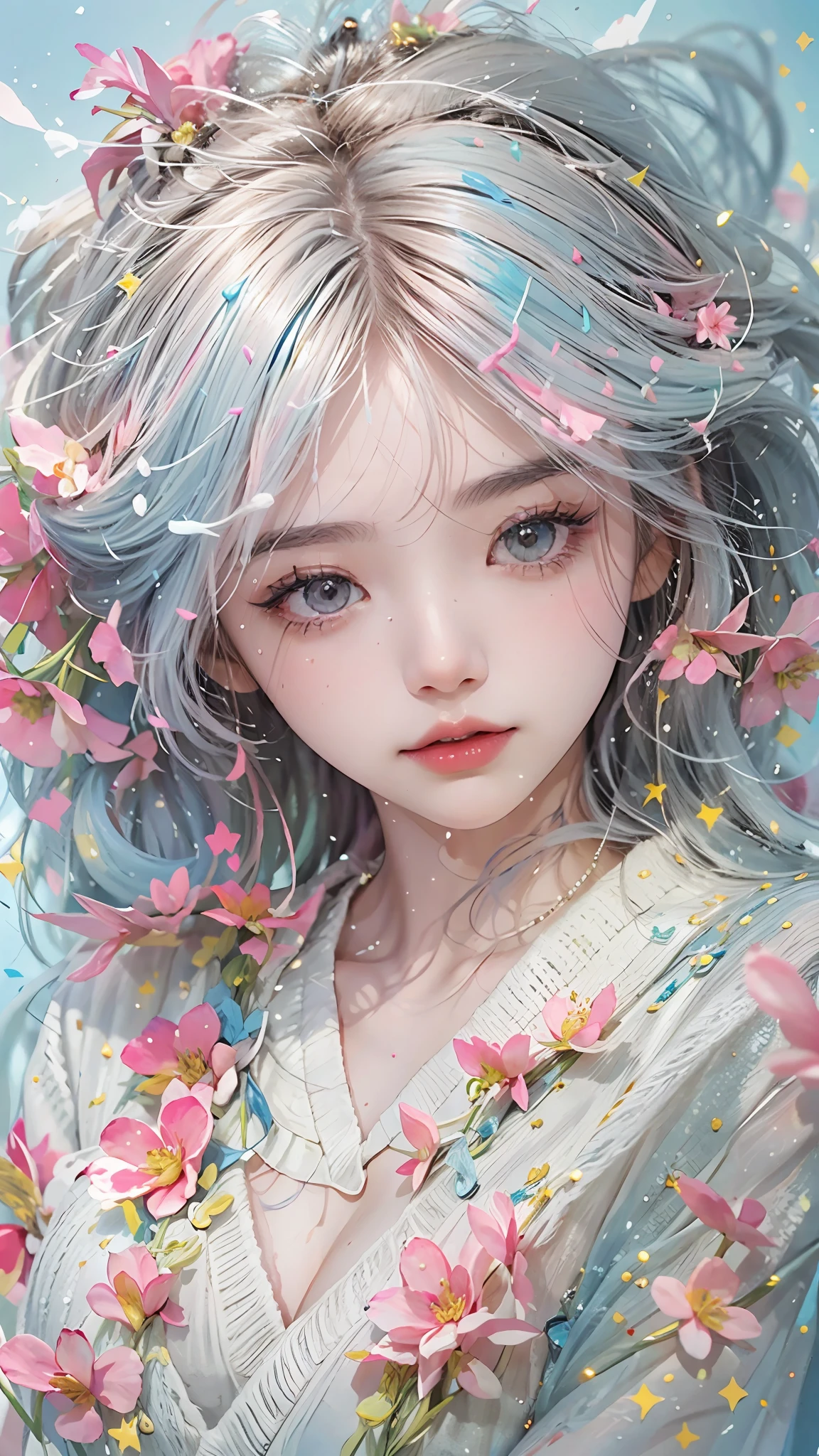 （tmasterpiece、best qualtiy、A high resolution），white backgrounid，Acrylic paints，（（splash of color，Splash ink、Color splattering）），1 sweet asian girl，light blue long hair，[light blues|Pink big breasts]the hair，curlies，White skin，famousartwork，s the perfect face，beauitful face，beautidful eyes，（（Perfect female body））glitters，Pink lips，White color blouse，frontage，The upper part of the body