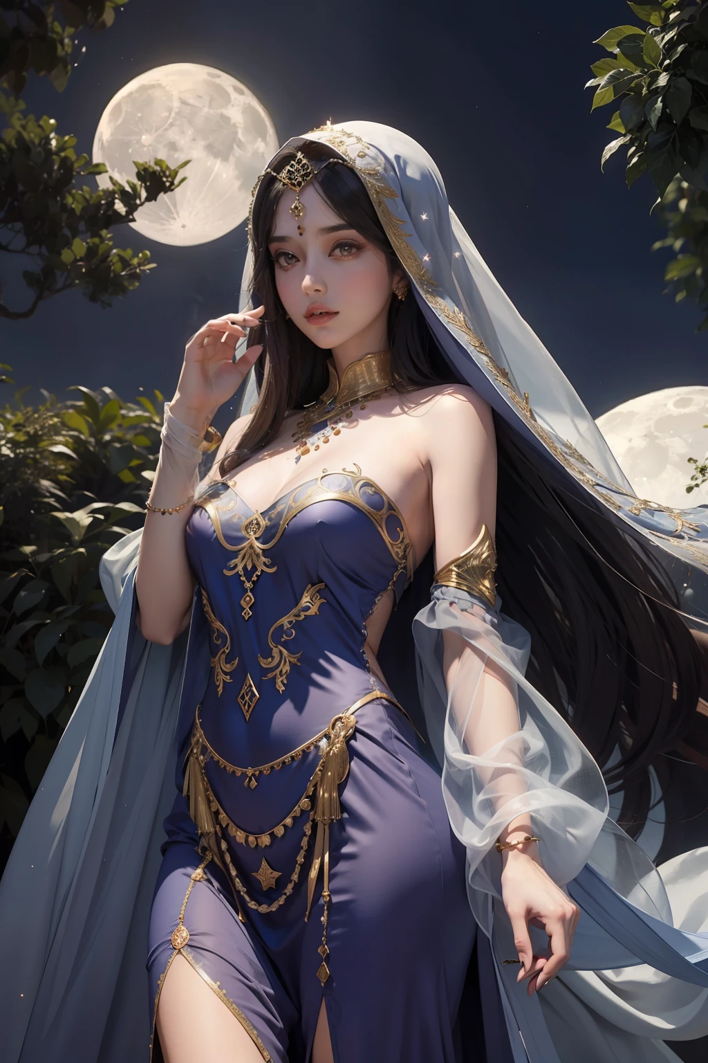 Arabian princesse islamic full covered dress long hair moon behind her above view
