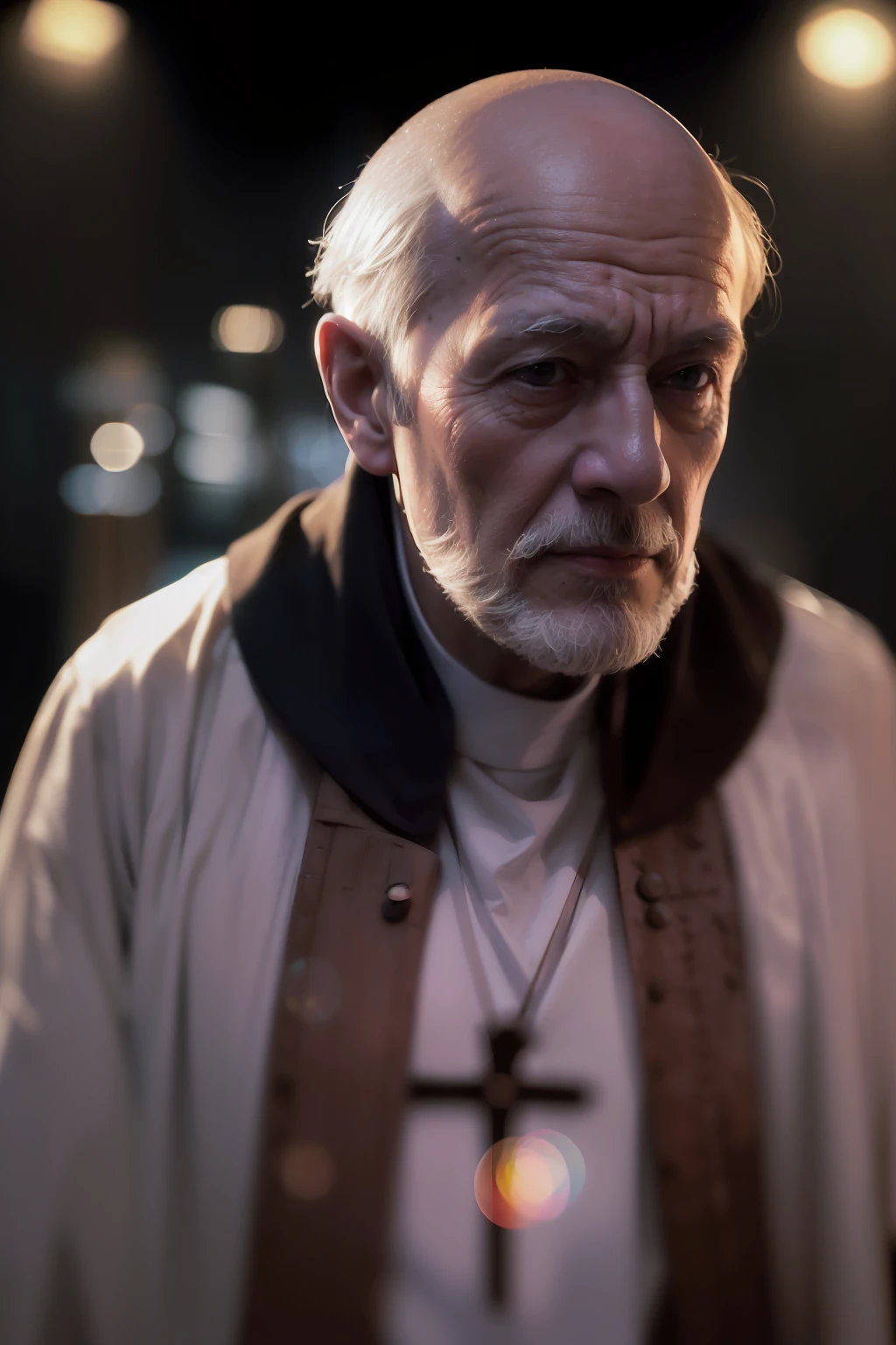 (
    (Character: one italian man, 70 years old, exorcist, serious face,bald),(sfw:1.3)
    (Clothing: Priest's vest, holding a holy symbols, shoes)
    (Pose: upper body shot:1.7, dynamic pose)
    (blurry, intense urban lights in background) 
    (Style: ((masterpiece:1.5)), (face detailed), photo-realistic:1.3, hyperrealistic, foggy, high contrast, shiny skin, soft lighting, backlighting, bloom, light sparkles, chromatic aberration)