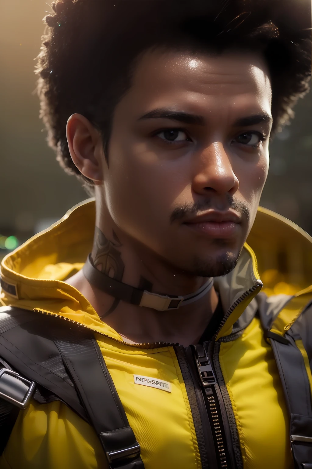 (
(Character: one afro-american man, military, short hair, (athletic body, stronger))
(Clothing: yellow jacket, overalls, boots)
(Pose: upper body shot:1.7, dynamic pose)
(blurry, intense urban lights in background)
(Style: ((masterpiece:1.5)), (face detailed), photo-realistic:1.3, hyperrealistic, foggy, high contrast, shiny skin, soft lighting, backlighting, bloom, light sparkles, chromatic aberration)