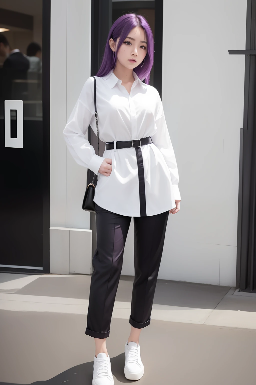 There is a woman with purple hair and a white shirt, TikTok, pixiv, In pixiv, Chic, Tumbler, popular on pixiv, [ Digital Art ]!!, trending in pixiv, Full body!, TikTok 4K UHD image, Top Rated on pixiv, pixiv style, Full body!!, !!Full body portrait!!