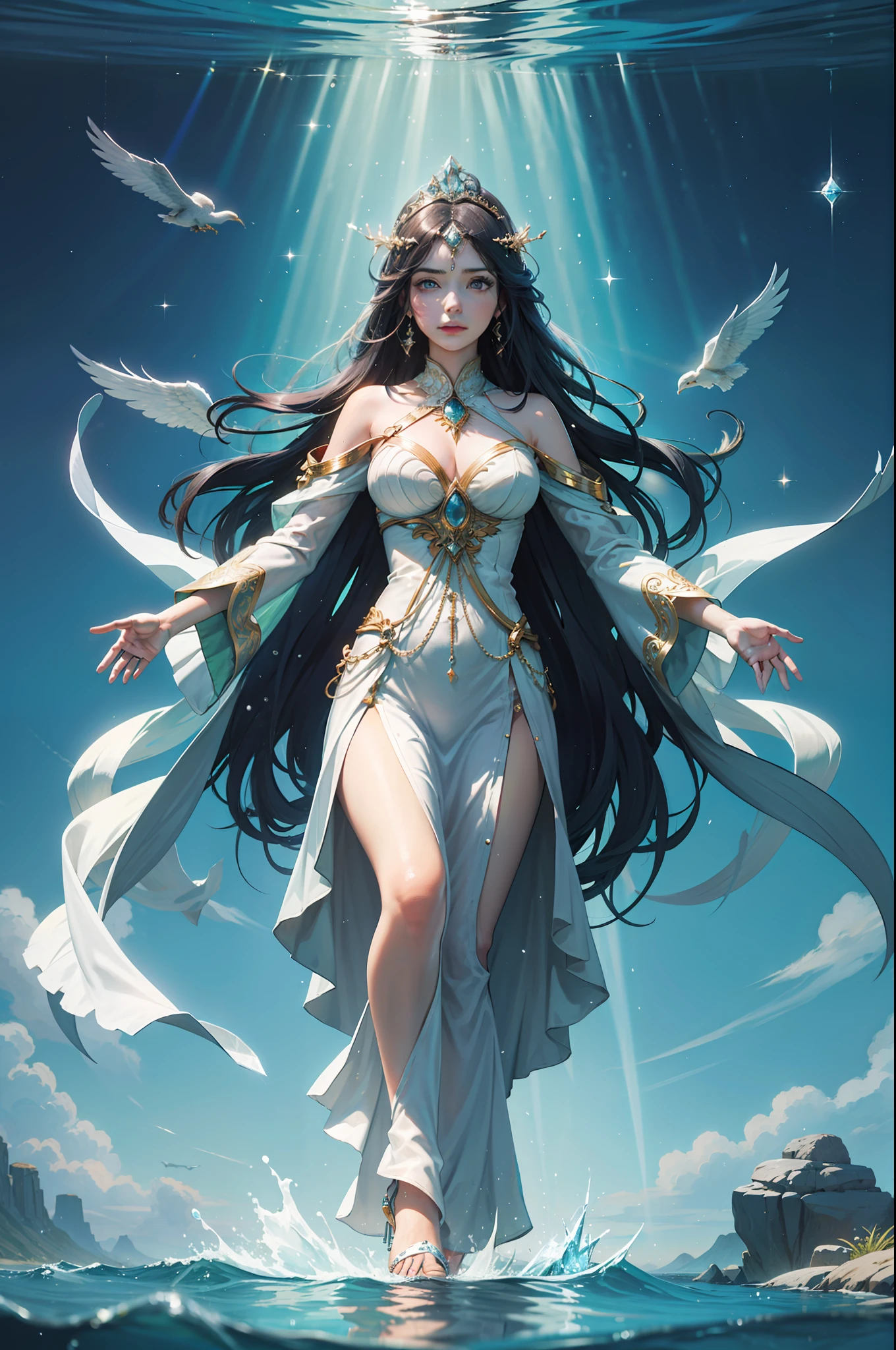 an ancient persian goddess of water, knowledge and peace, holy light shines, mirror, crystal, glory, luxury, first love, feel like in heaven, precious sunbeams reflect on the surface of the water, penetrating into the water's deeper layers and creating iridescent reflections,dreamy, dreamlike, muse, heavenly soft light, smooth, hyper-detailed, beautifully color-coded, photorealistic, intense shading, clean sharp focus, depth of field, dynamic angle, dynamic composition, bokeh