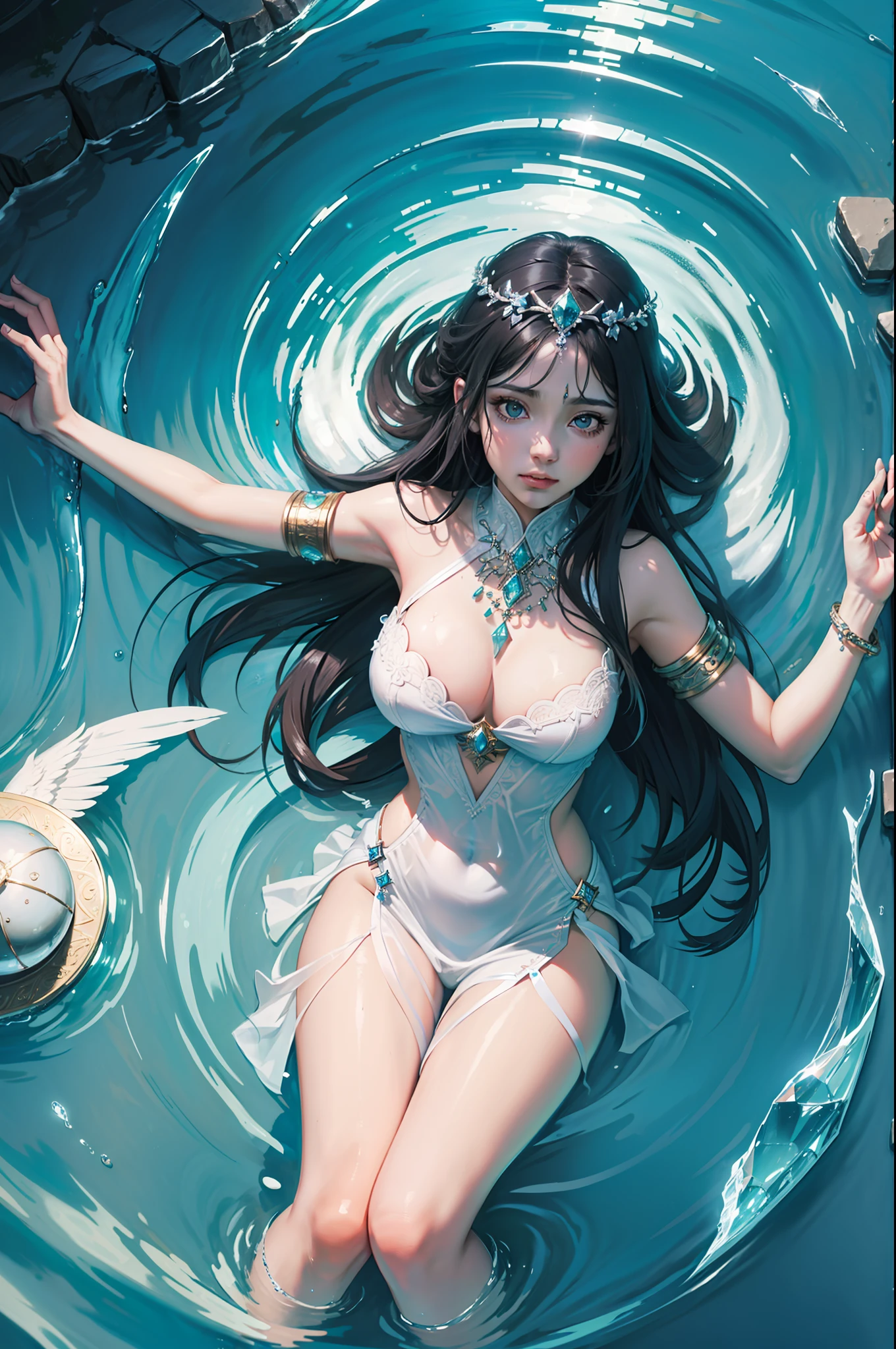 an ancient persian goddess of water, knowledge and peace, holy light shines, mirror, crystal, glory, luxury, first love, feel like in heaven, precious sunbeams reflect on the surface of the water, penetrating into the water's deeper layers and creating iridescent reflections,dreamy, dreamlike, muse, heavenly soft light, smooth, hyper-detailed, beautifully color-coded, photorealistic, intense shading, clean sharp focus, depth of field, dynamic angle, dynamic composition, bokeh