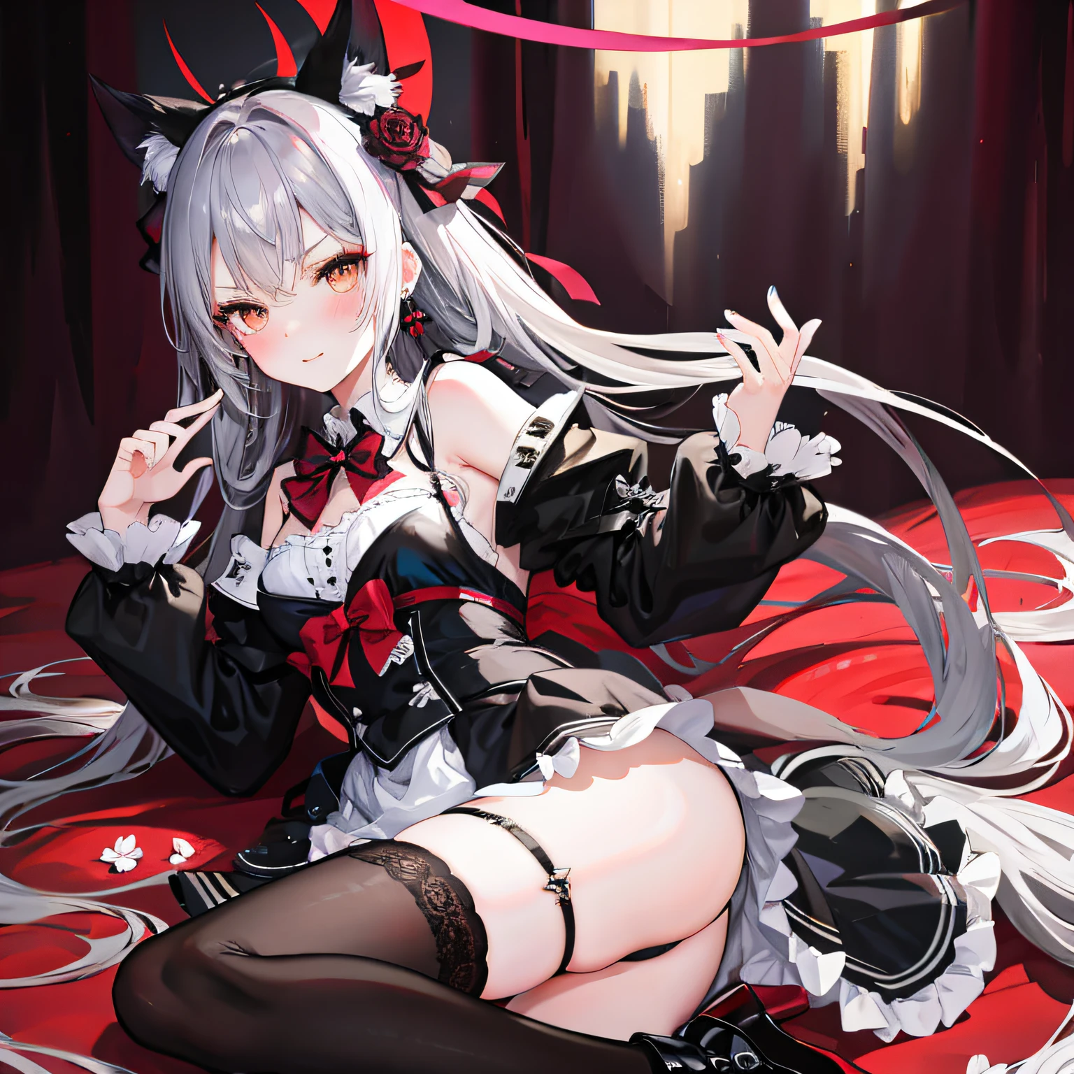 ta prostitute,Royal Sister,afloat,flying petal,Floating hair,White complexion、Sharply defined、Slender eyebrows、Deep eyes,Black slim-fit long-sleeved shirt、Black Loliigh-waist、obi strip、black over-the-knee socks、Silver-toned earrings,lace legwear、tigh-high boots、trinkets、hair adornments、neck chain、Bracelet,Falling streamers and debris,mystical ambiance。Masterpiece, Best quality, Refined face,ssmile, 8K, A high resolution, Super resolution,absurderes, A high resolution, Ultra detailed, elegant flourishes, and a sense of craftsmanship and skill,