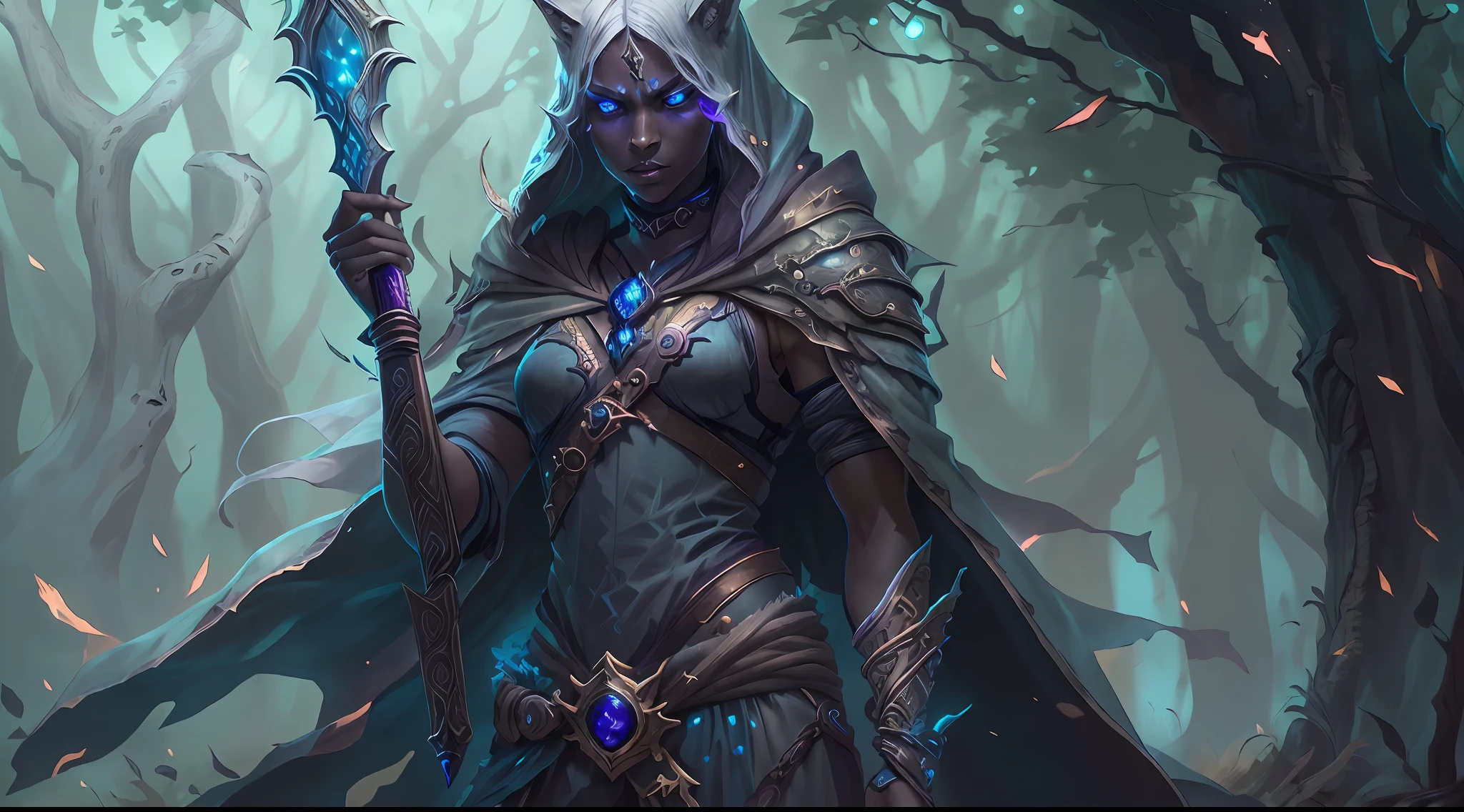 8k, ultra detailed, masterpiece, best quality, high details, best quality, highres, 1080P, 8k, 3D rendering, photorealism, anatomically correct, fantasy art, RPG art, epic female dark elf, drow elf (intense details, Masterpiece, best quality: 1.5), epic ranger (intense details, Masterpiece, best quality: 1.5), and her epic wolf companion, extremely beautiful drow elf, female elf (intense details, Masterpiece, best quality: 1.5), ultra detailed face, small pointed ears, black skin, white hair, long hair, braided hair, green eyes (intense details, Masterpiece, best quality: 1.5), intent look, wearing light armor (intense details, Masterpiece, best quality: 1.5), brown armor, wearing black cloak (intense details, Masterpiece, best quality: 1.5),, armed with long sword (intense details, Masterpiece, best quality: 1.5), high quality, magical sword (intense details, Masterpiece, best quality: 1.5), with magical sigils, big grey wolf, epic grey wolf, night time, moon light, stars, fantasy dark forest, trees, sense of fear,