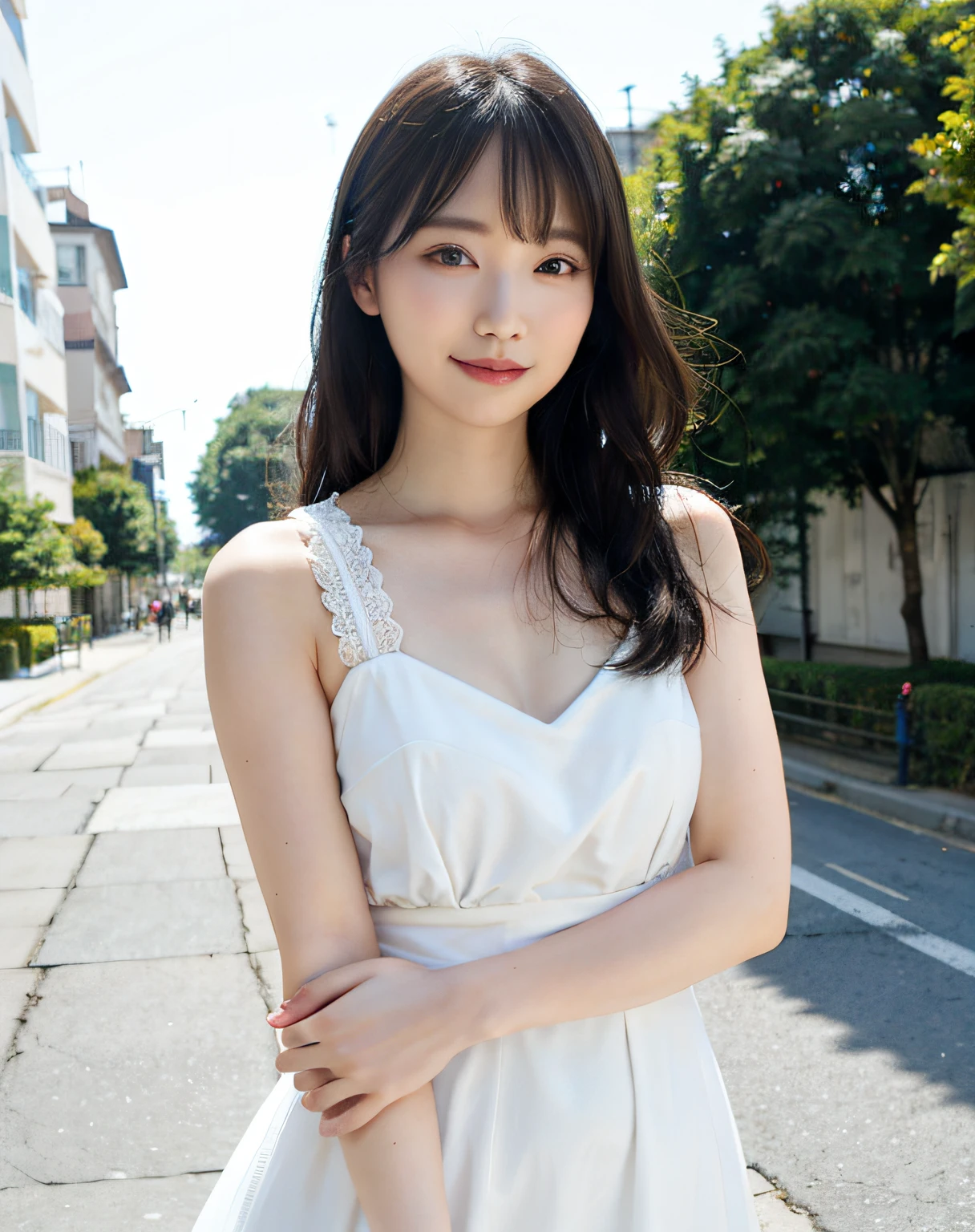 Woman posing on street corner in white dress、top-quality、 1 a person、large full breasts、tag、with light glowing、Blur background、bokeh dof、outside of house、(street:0.8)、(a person々、crowd:1)、(lace-trimmed)doress:1.5、sleeveless dress、Water-colored suit、Light Blue High Neck Dress:1.2、Blue Dress:1.5)、Gorgeous Gal(Long、forehead:1.2)、Beautiful sky with details、耳Nipple Ring、(dynamicposes:1.2)、 (The upper part of the body:0.8)、Soft lighting、the wind、glowy skin、a smile、