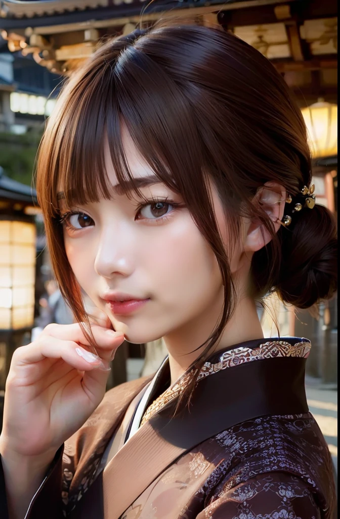 (top-quality、hight resolution、​masterpiece:1.3)、Pretty women、slender figures、dark brown hair、kimono、(Streets of Kyoto)、Highly detailed facial and skin texture、A detailed eye、二重まぶた