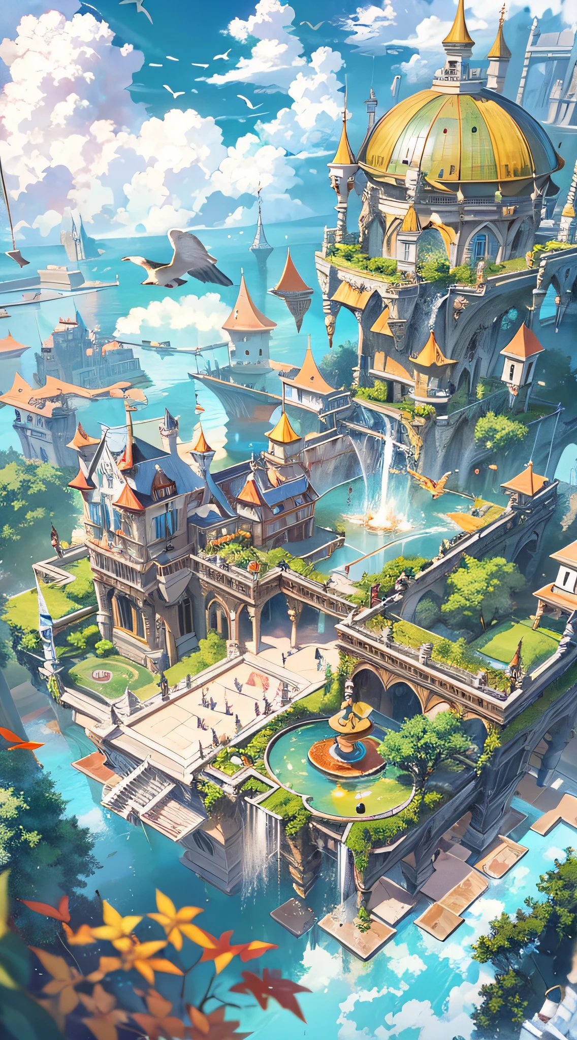 Upside Down World:2, (an pop artist's design of a floating Castle on the floating the land and Forest and Fountain in the air, kawaii, sweet gothic, SD, above the A few clouds and thunderstorms)1.4, bird's-eye view, scenery, setting sun, no humans:2, a fantastic magical world,  (Best quality), (masterpiece:1.3), (photorealistic:1.36), (realistic), ultra-detailed,, detail background,