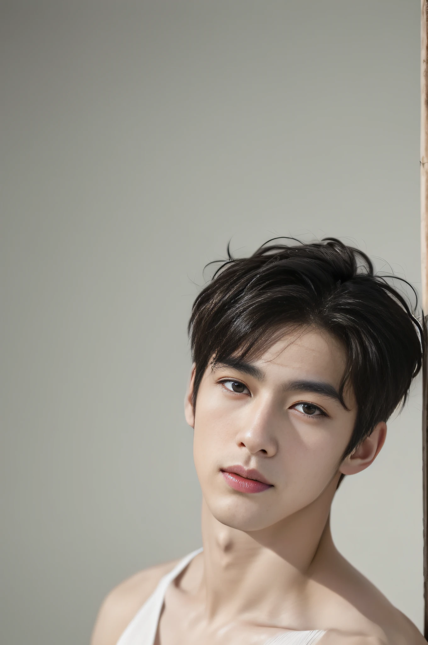 Asian men with short hair, Dark hair and white top.,korean handsome boy,korean handsome boy, Male actors from Korea,No shirt..,cheerful,He's watching you...,,Elegant,a portrait photo,Shapely