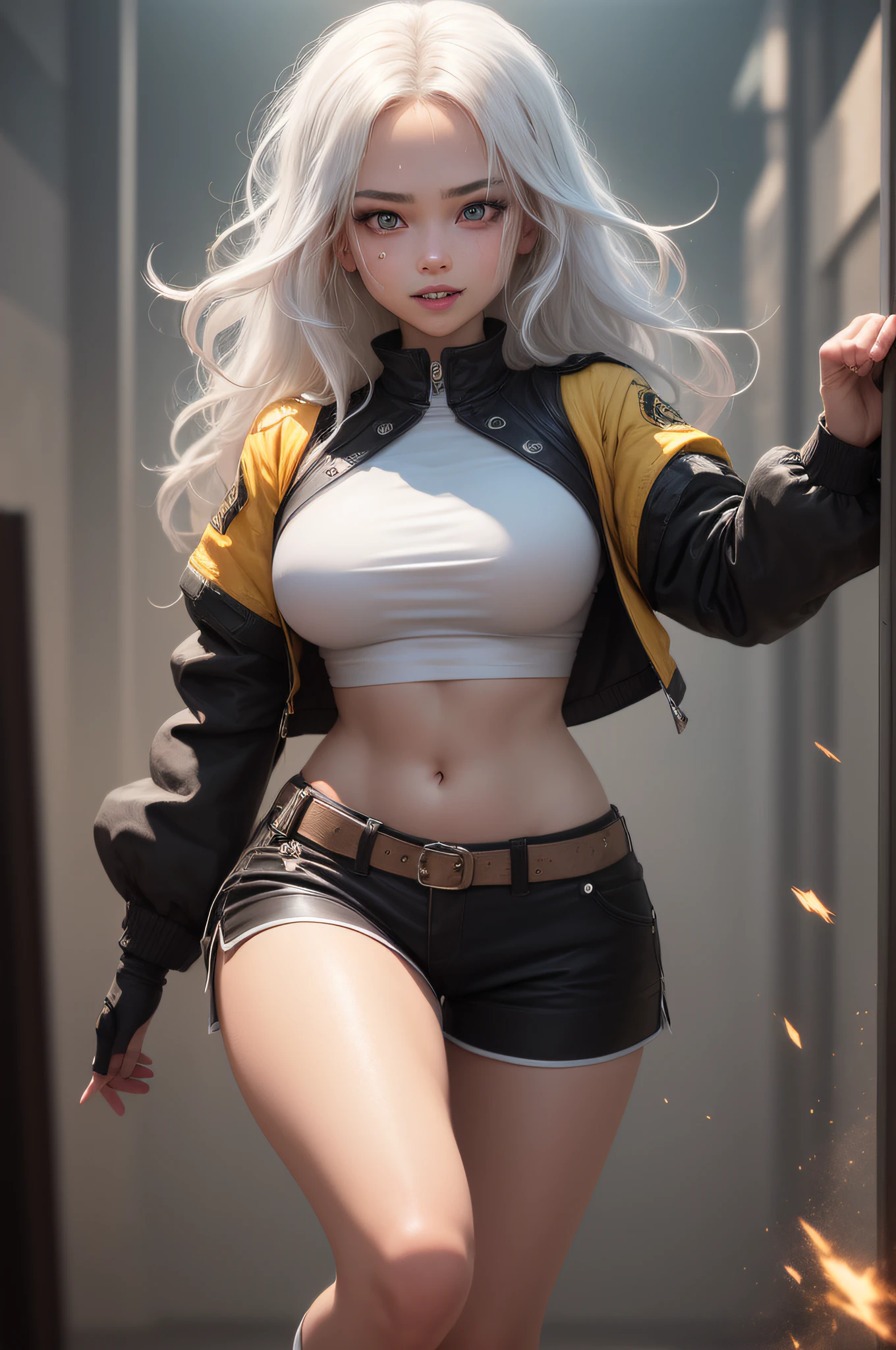 Masterpiece, best quality, 1girl, solo woman, cinematic light, fight effect background, long white hair, yellow eyes, big breasts, black shorts, white cropped, black jacket, warrior girl, intricate outfit, hair ornaments, glowing eyes, smile, blood dripping from the mouth, long socks, navel, diaphragm, energy particles, fighting stance, sweat, night, glowing eyes, dark skin, black glove --auto
