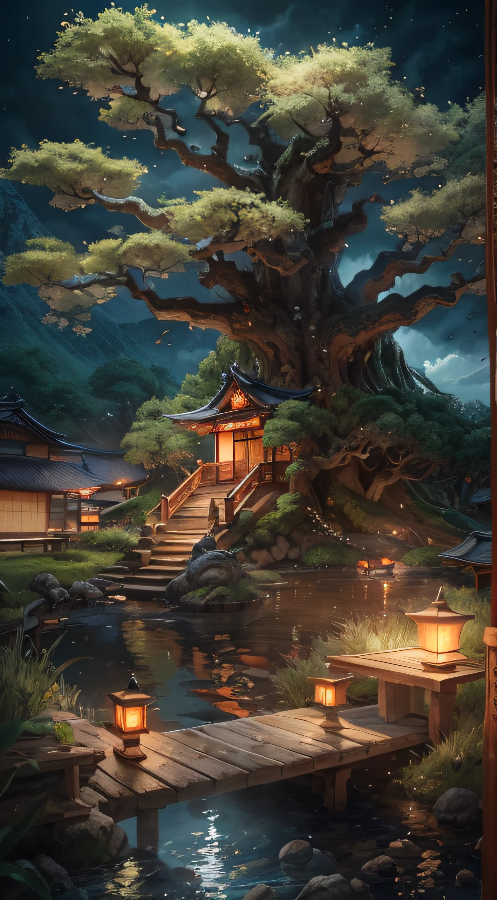 （tmasterpiece、best qualtiy）A huge ancient tree（（Glowing spirit tree、with light glowing））、illumination、thatched hut、springtime、jungles、lakes、grassy fields、Rochas、hot onsen、hydrosphere、surrounded by cloud，（illustratio：1.0）、Epic composition、Realistic lighting、high definition detail、high definition resolution，（非常详细的 CG 统一 8k 壁纸）
