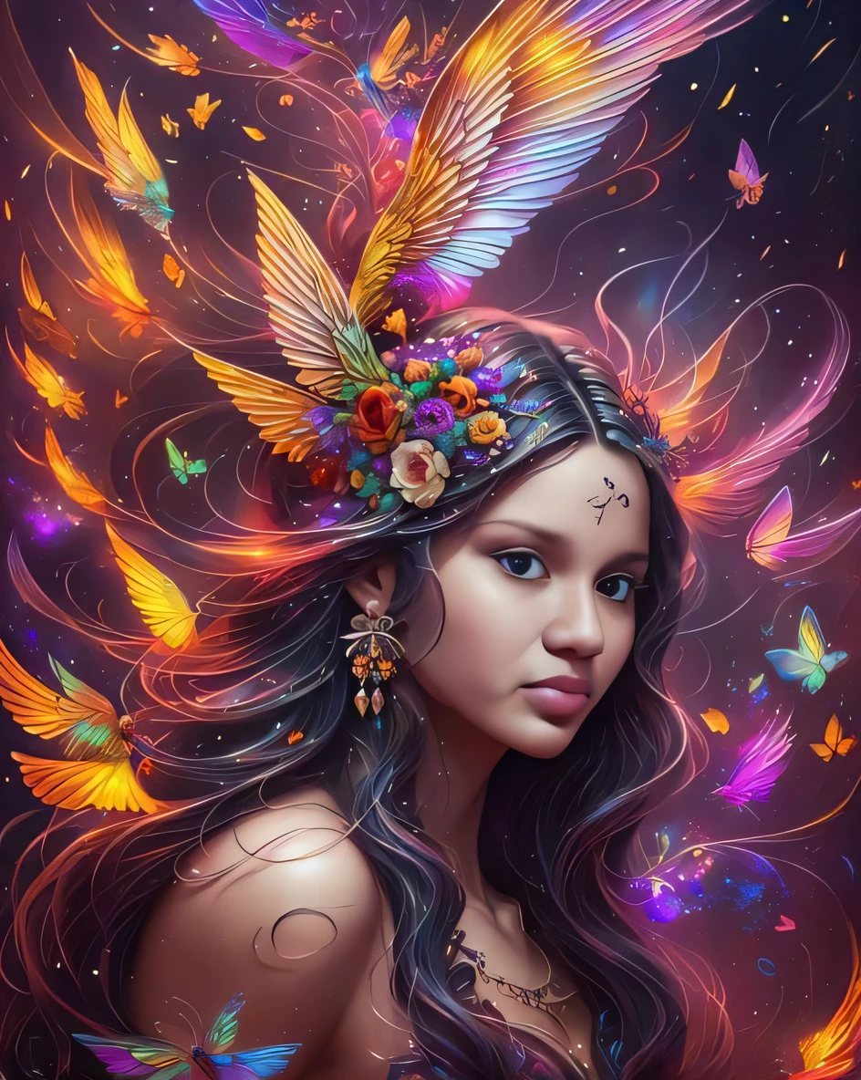 uma mulher com cabelos longos e um cocar de penas cercada por borboletas, arte de fantasia digital colorida, retrato bonito da arte da fantasia, arte de fantasia muito bonita, bela arte de fantasia, arte digital fantasia arte, retrato bonito da fantasia, arte digital fantasia, arte de fantasia digital ), arte digital de fantasia detalhada, amazing fantasy art, linda arte digital linda, lindo arte digital, arte digital muito bonita