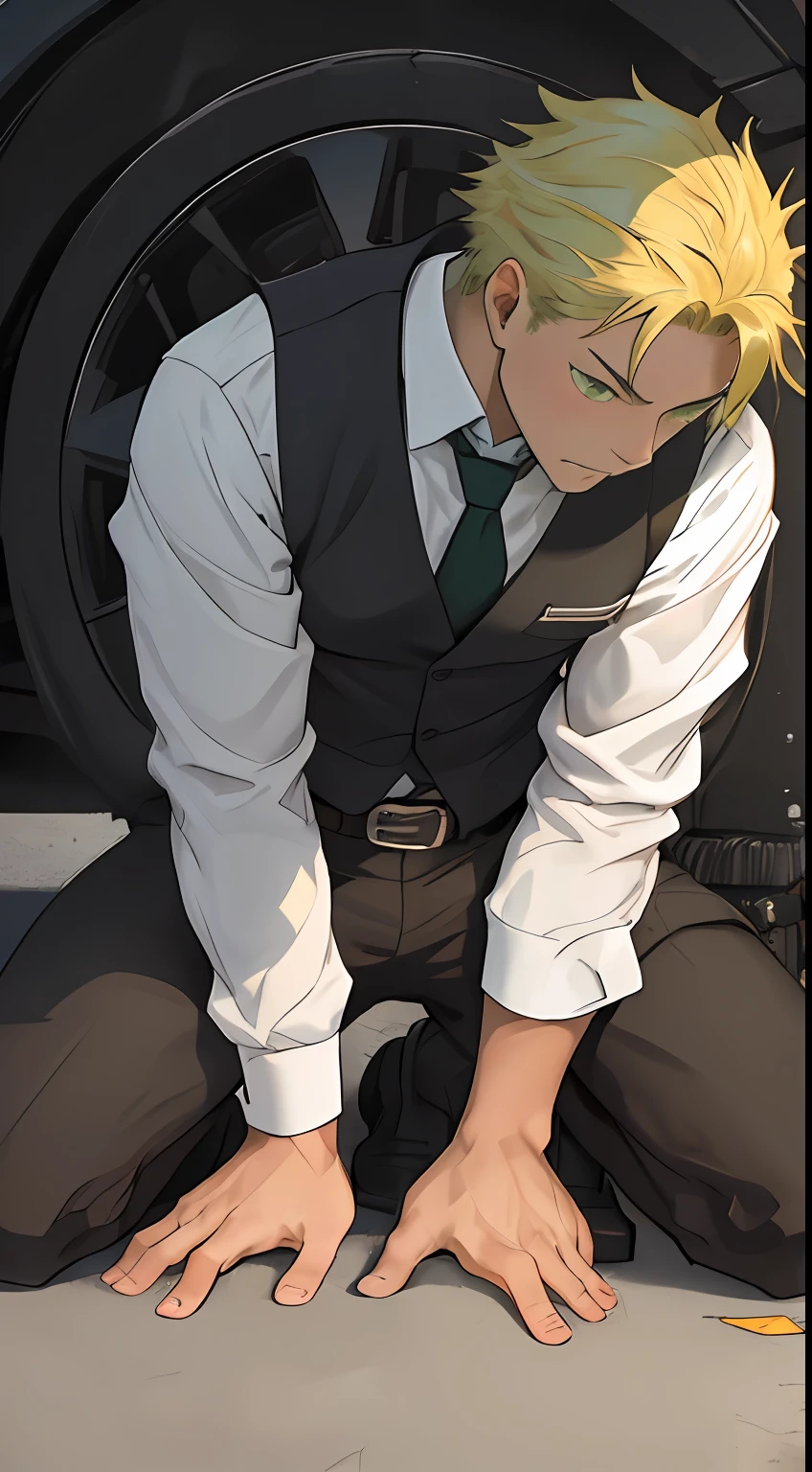 (1 Adult male),A high resolution, Sharp focus, Pixiv masterpiece, ((Complicated details)), highly detailed, natsuki_subaru, 1 man,black-skinned,Defeat, crestfallen,full bodyesbian,kneels on the ground, (A gesture of pleading),Green eyes(eyes glowing), Short yellow hair,white shirt,Wear a tie,Wear a belt,perspire,look from down