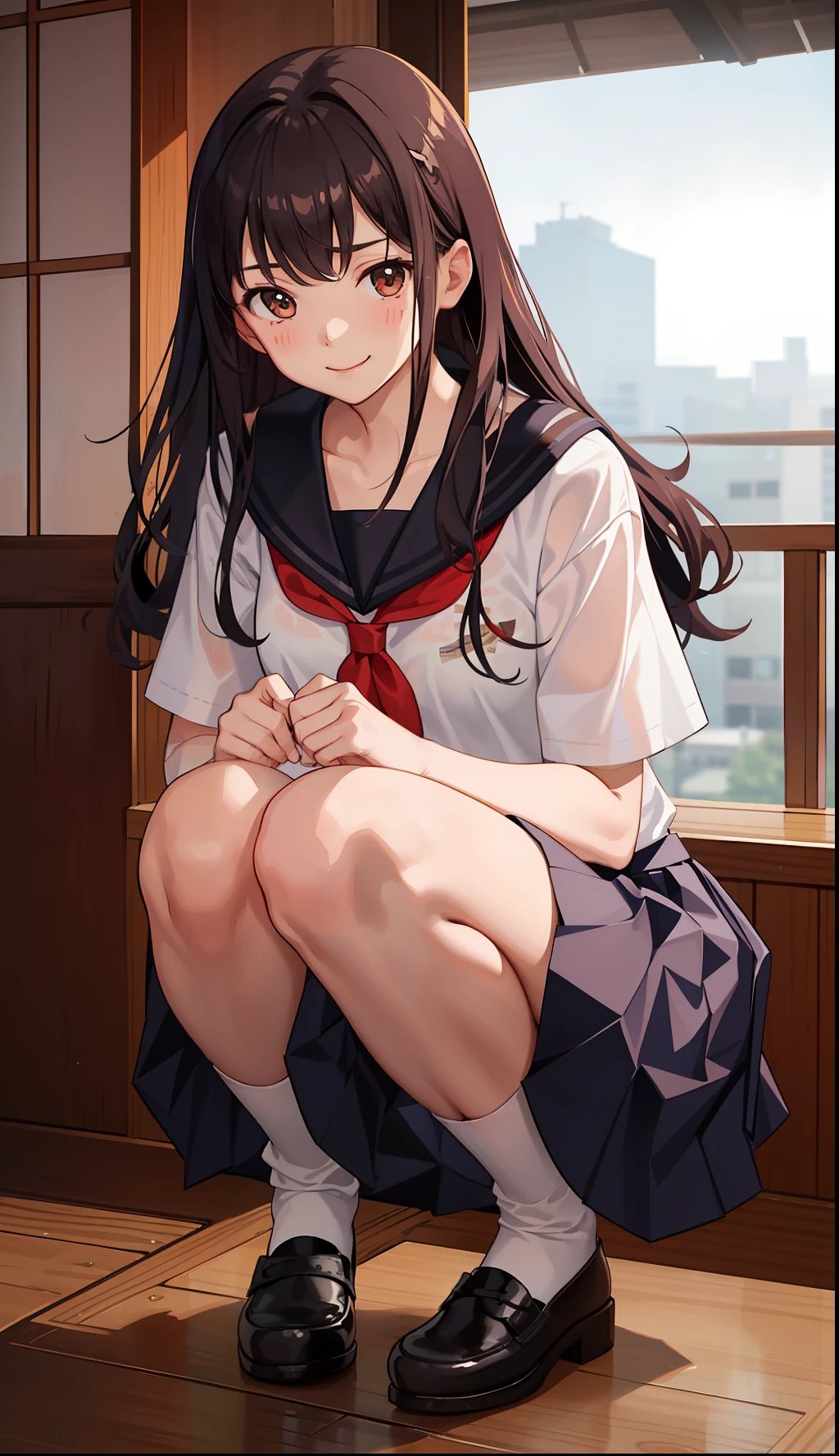 1girl in、A smile、The shirt、skirt by the、(small tits)Chilarism、Japan High School Student Uniform、serafuku、summer clothing、Squall Drenched Uniform、(Sheer Bra)、Upper body portrait、light cream hair、Squatting panchira、