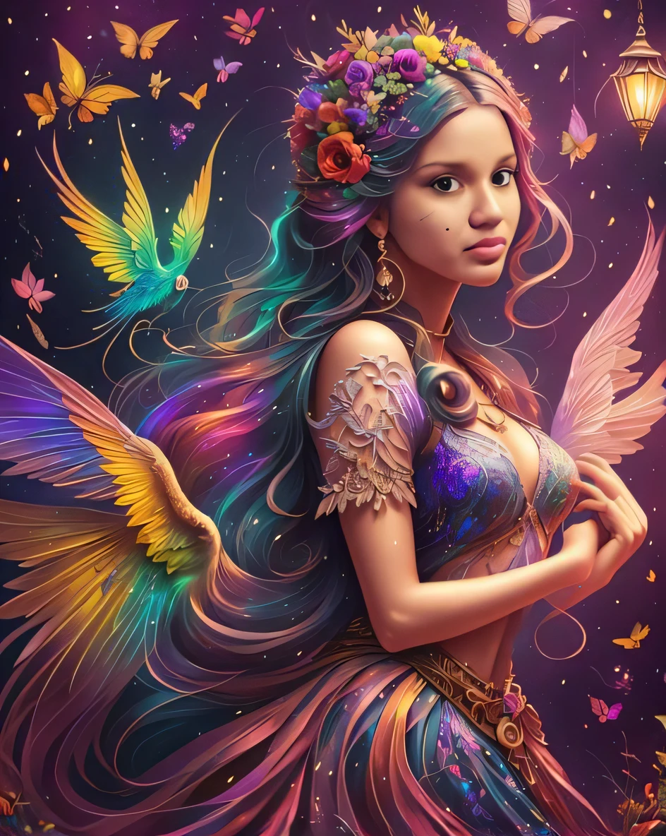 uma mulher com cabelo longo e asas coloridas em um vestido, arte de fantasia digital colorida, bela arte de fantasia, arte de fantasia muito bonita, retrato bonito da arte da fantasia, arte digital fantasia arte, arte digital de fantasia detalhada, arte digital fantasia, arte estilo fantasia, estilo de fantasia vibrante, estilo de arte de fantasia, amazing fantasy art, pintura de fantasia bonita, arte de fantasia detalhada, arte digital de fantasia