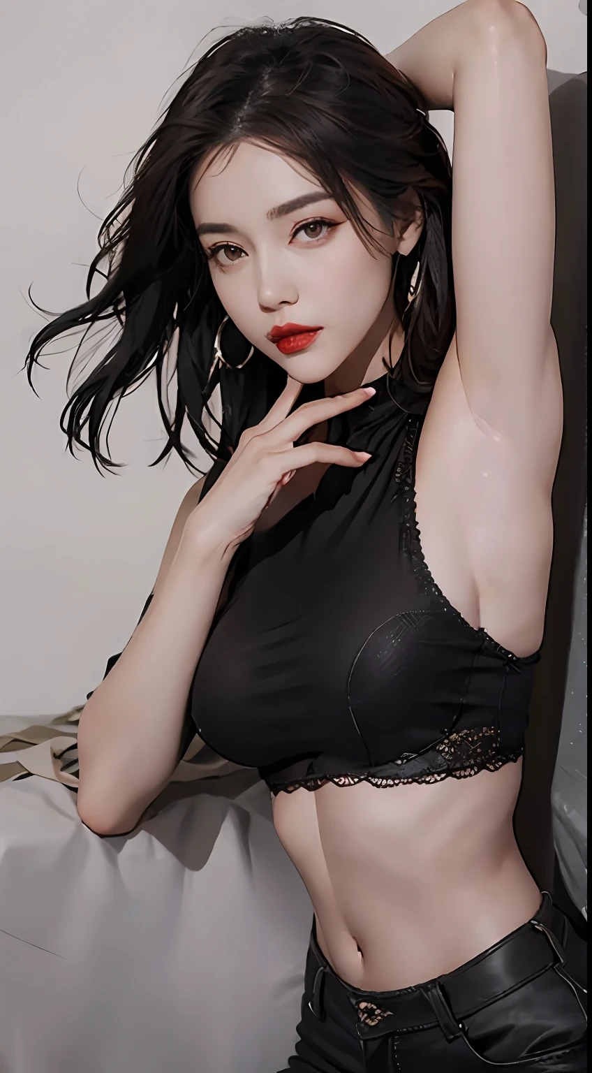 girl with, bangss, bare shoulders​, Black pants, breastsout, Breasts squeezed together, greybackground, hair between eye, huge-breasted, length hair, Look at viewers, Underpants, cparted lips, red eyes, The shirt, simple background, Sleeveless, sleeveless shirts, 独奏, turtle neck, V arm, blonde  hair,(shinny skin),(​masterpiece:1.4),(top-quality:1.4),Facigirl,red-lips、Perfect Abs、Navel Ejection、(teats:1.5)、(Sheer areola)、teats、爆乳、perspiring、Slender body、hyperdetailed face、ultradetailed eyes