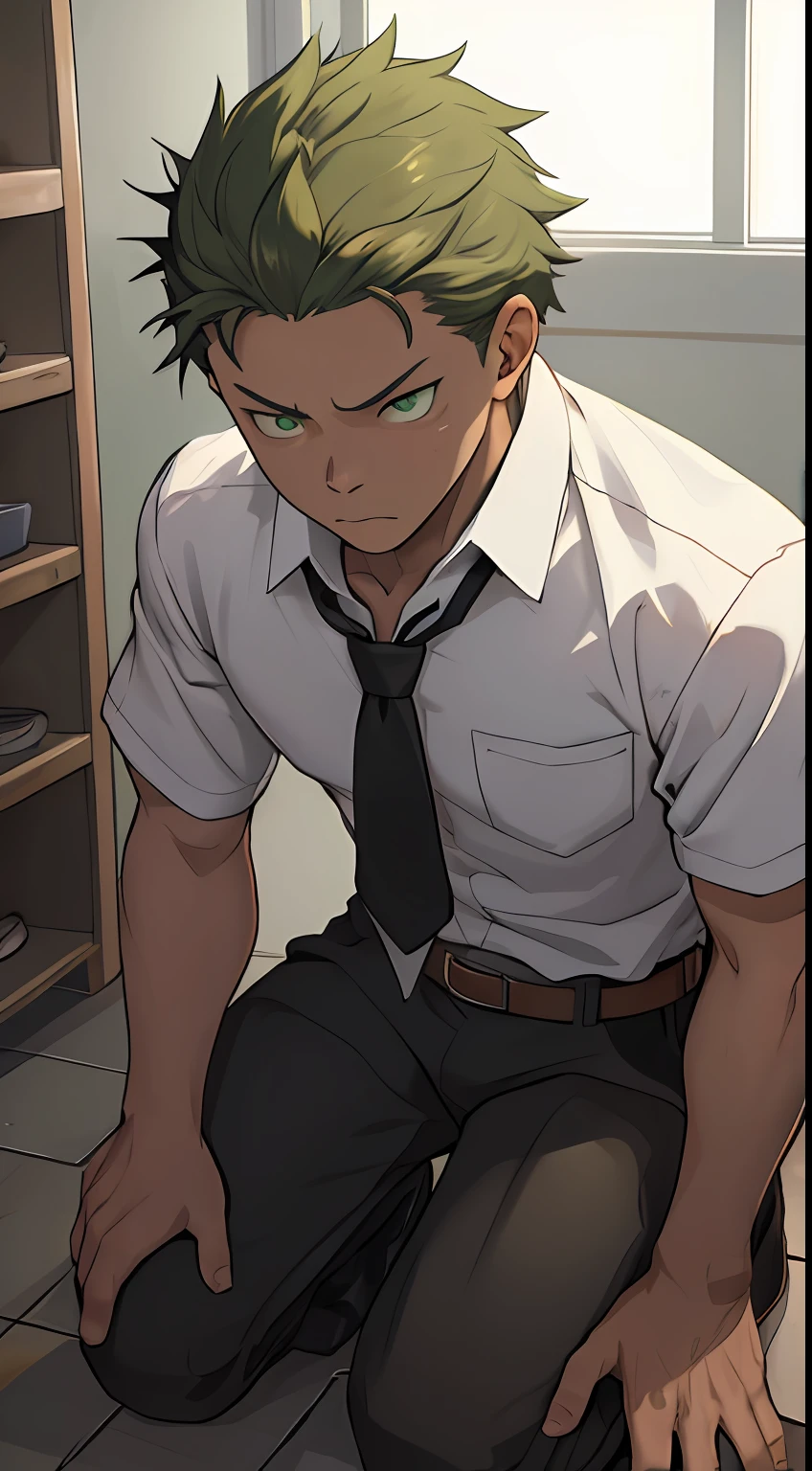 （1 Adult male），A high resolution， Sharp focus， Pixiv masterpiece， （（Complicated details））， highly  detailed， natsuki_subaru， 1 man，black-skinned，Defeat， crestfallen，full bodyesbian，kneels on the ground， （A gesture of pleading），Green eyes（eyes glowing）， Short yellow hair，white  shirt，Wear a tie，Wear a belt，perspire，look from down