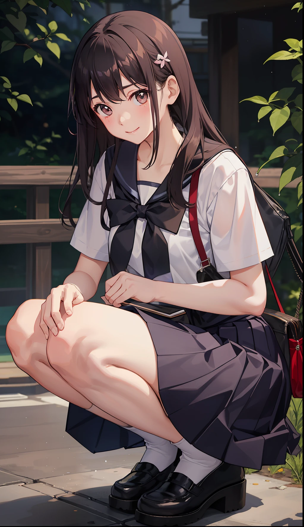 1girl in、A smile、The shirt、skirt by the、(small tits)Chilarism、Japan High School Student Uniform、serafuku、summer clothing、Squall Drenched Uniform、(Sheer Bra)、Upper body portrait、light cream hair、Squatting panchira、