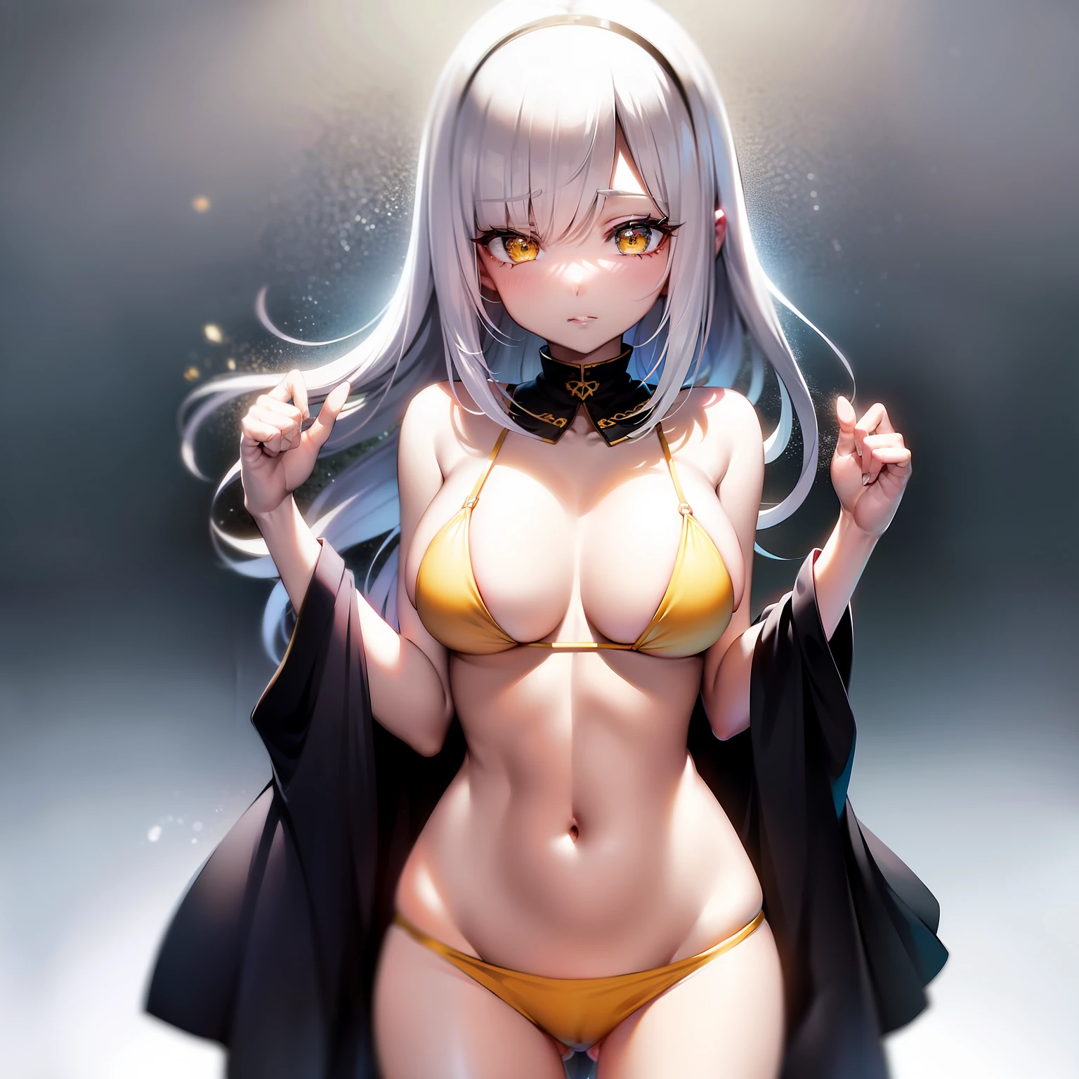 tmasterpiece, High- sharpness, Best quality at best, 1 girl solo,long white hair,Yellow eyes,Bikini swimwear,Bigchest,Shy,Humanity