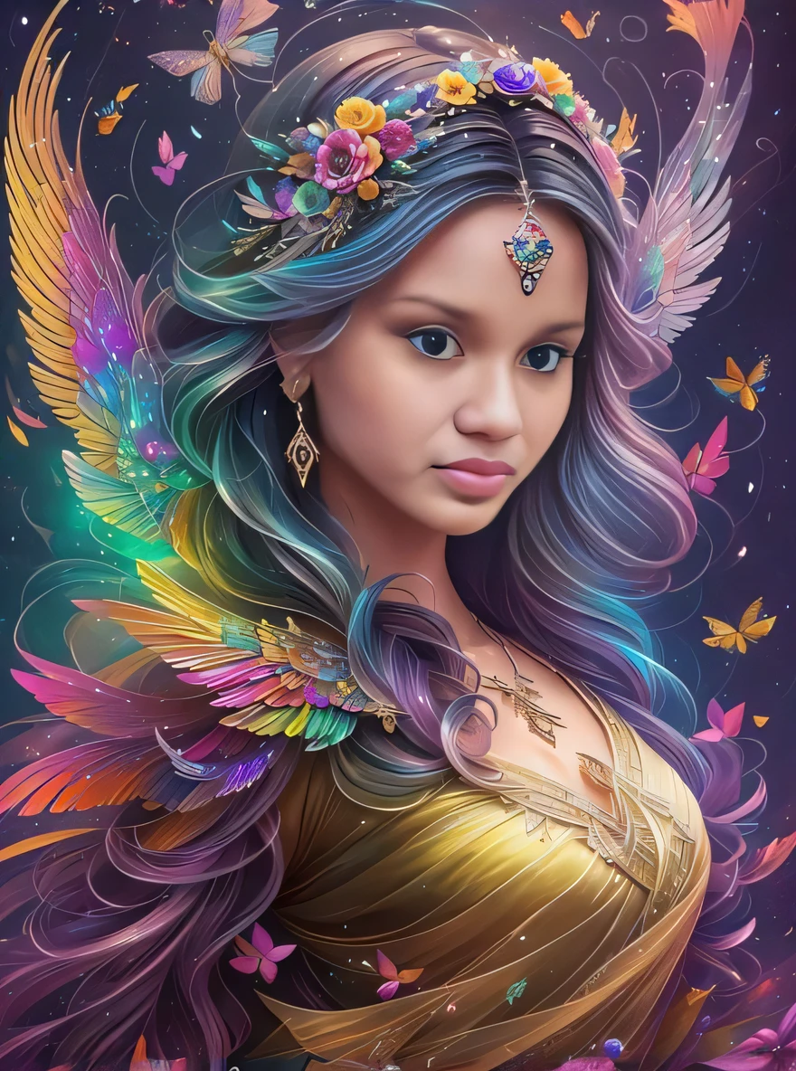 uma mulher com cabelos longos e asas coloridas no cabelo, arte de fantasia digital colorida, fada bonita, retrato bonito da arte da fantasia, retrato bonito da fantasia, arte de fantasia muito bonita, bela arte de fantasia, fada adulta bonita, Retrato da fada, Retrato de uma fada, fada bonita, amazing fantasy art, rainha fada adulta bonita, Retrato de um anjo bonito, bela fantasia detalhada