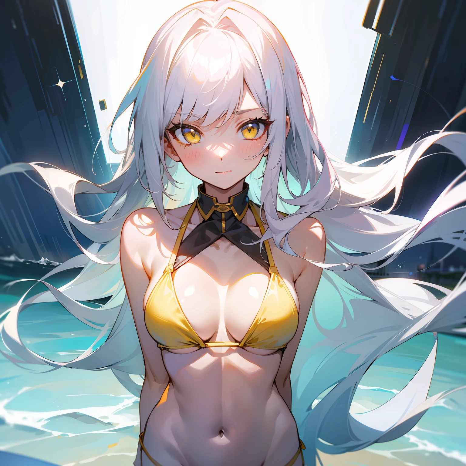 tmasterpiece， High- sharpness， Best quality at best， 1 girl solo，long  white hair，Yellow eyes，Bikini swimwear，Bigchest，Shy，Humanity