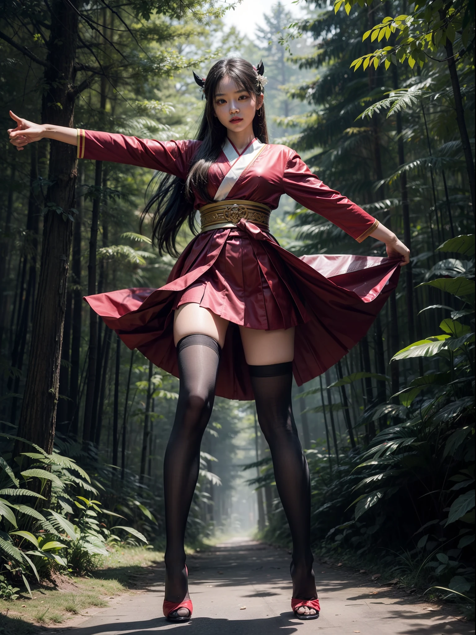 Splitting characters is prohibited,(Full body shot:1.3), Must show your face, anatomy correct, Dance on the depths of the forest,The breath of nature,Polished pointed-toe heels must be worn,Stocking tights are mandatory, Colorful traditional Japanese uniforms, A shallow laugh, Complex and diverse backgrounds,Strangling effect,hyper HD, Ray traching, structurally correct, Award-Awarded, high detal, lightand shade contrast, Face lighting,cinmatic lighting, tmasterpiece, super detailing, high high quality, high detal, best qualityer, 16