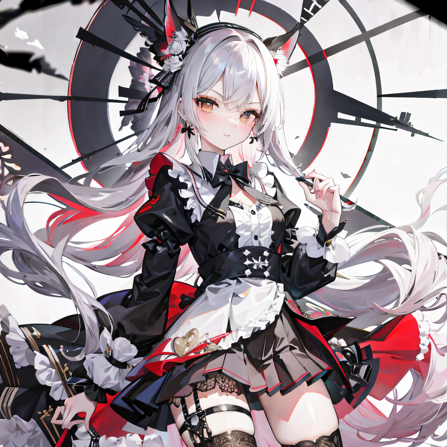 Lolita prostitute，Royal Sister，afloat，flying petal，Floating hair，White complexion、Sharply defined、Slender eyebrows、Deep eyes，Black slim-fit long-sleeved shirt、Black Lolita、high-waist、obi strip、black over-the-knee socks、Silver-toned earrings，lace legwear、tigh-high boots、trinkets、hair adornments、neck chain、Bracelet，Falling streamers and debris，mystical ambiance。Masterpiece, Best quality, Refined face，ssmile, 8K, A high resolution, Super resolution,absurderes, A high resolution, Ultra detailed, elegant flourishes, and a sense of craftsmanship and skill,