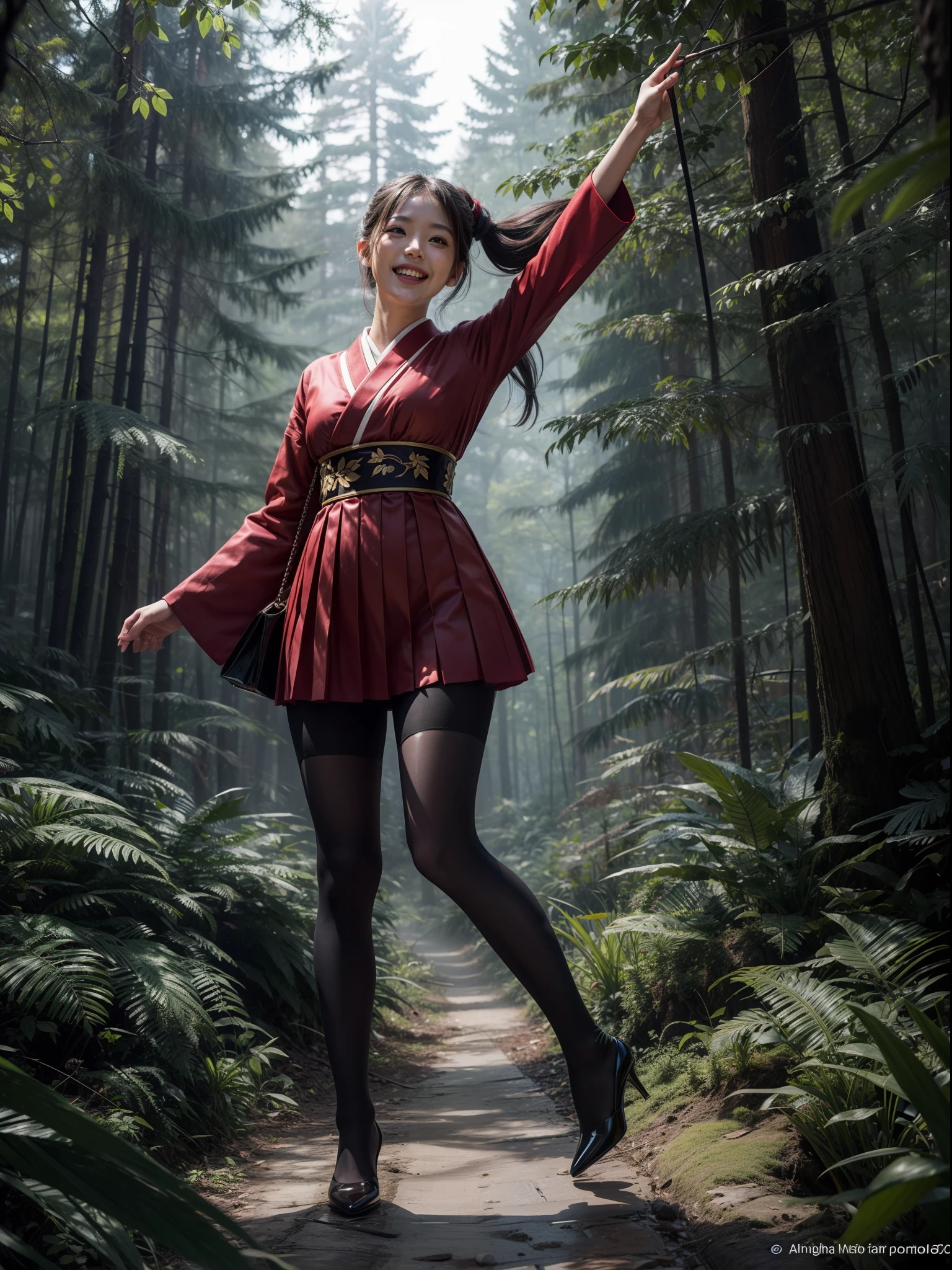Splitting characters is prohibited，(Full body shot:1.3), Must show your face, anatomy correct, Dance on the depths of the forest，The breath of nature，Polished pointed-toe heels must be worn,Stocking tights are mandatory， Colorful traditional Japanese uniforms， A shallow laugh, Complex and diverse backgrounds，Strangling effect,hyper HD, Ray traching, structurally correct, Award-Awarded, high detal, lightand shade contrast, Face lighting，cinmatic lighting, tmasterpiece, super detailing, high high quality, high detal, best qualityer, 16