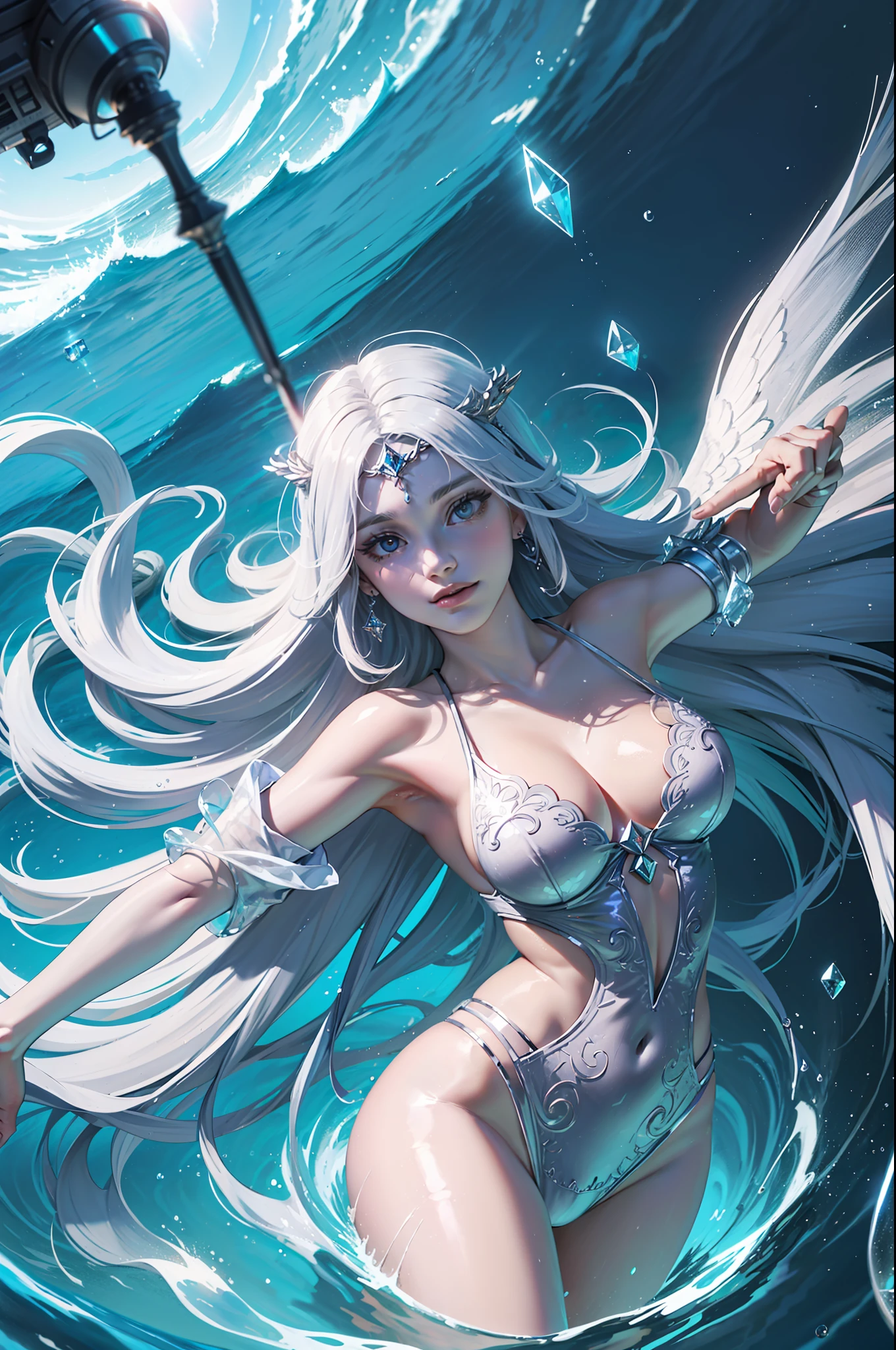 an ancient persian goddess of water, knowledge and peace, holy light shines, mirror, crystal, glory, luxury, first love, feel like in heaven, precious sunbeams reflect on the surface of the water, penetrating into the water's deeper layers and creating iridescent reflections,dreamy, dreamlike, muse, heavenly soft light, smooth, hyper-detailed, beautifully color-coded, photorealistic, intense shading, clean sharp focus, depth of field, dynamic angle, dynamic composition, bokeh