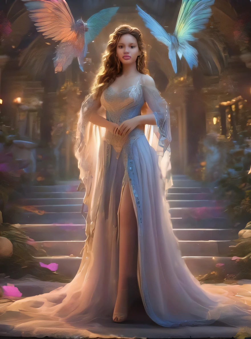 a woman in a dress with wings standing on steps, bela arte de fantasia, linda donzela fantasia, arte de fantasia muito bonita, Ethereal Fantasy, ethereal beauty, ethereal fairy tale, Rainha elfa bonita e elegante, elegant cinematic fantasy art, fada bonita, fada adulta bonita, elfo bonito com vestes ornamentadas, breathtaking fantasy art, arte de fantasia detalhada, fantasy gorgeous lighting, donzela bonita, bela fantasia detalhada