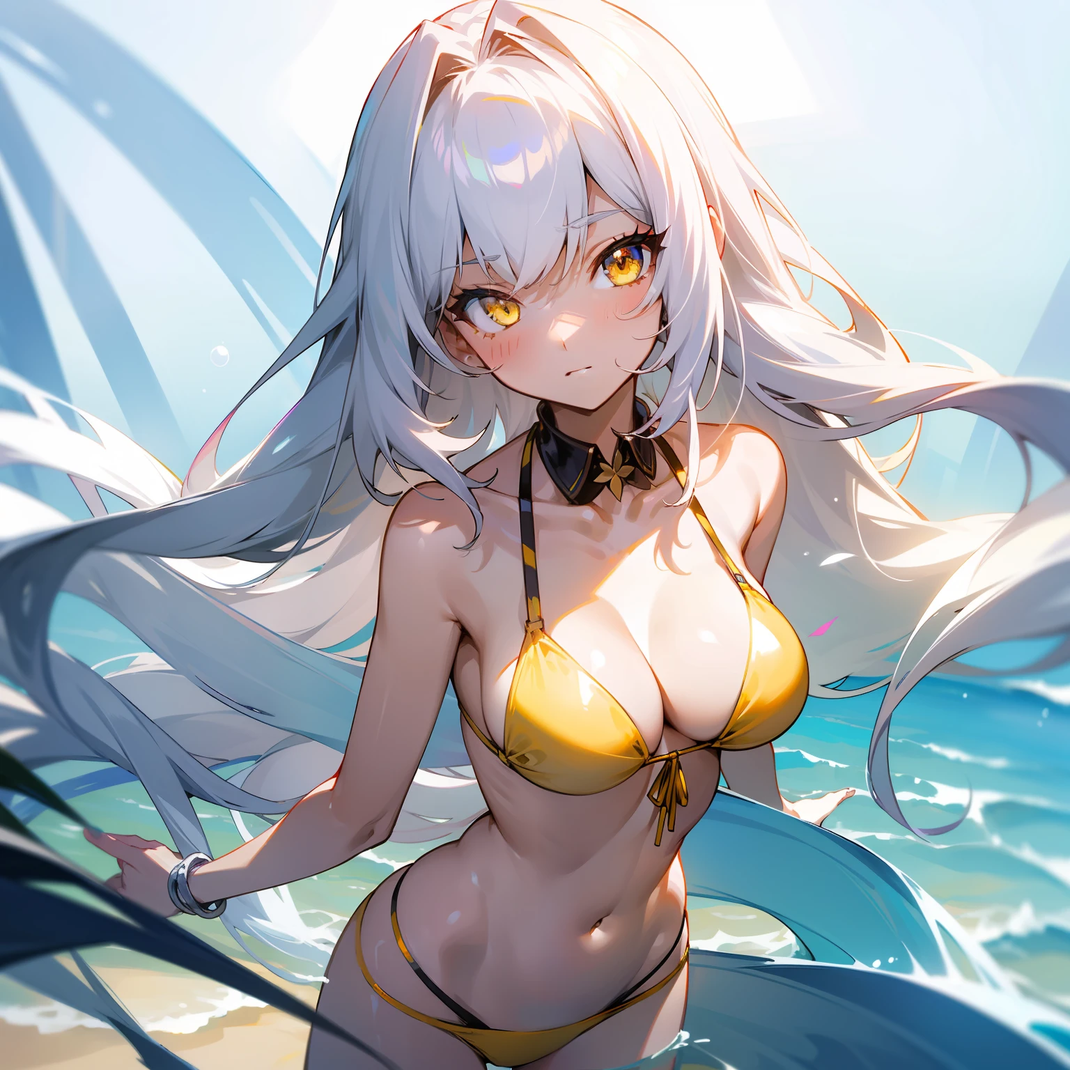 tmasterpiece， High- sharpness， Best quality at best， 1 girl solo，long  white hair，Yellow eyes，Bikini swimwear，Bigchest，Shy，Humanity