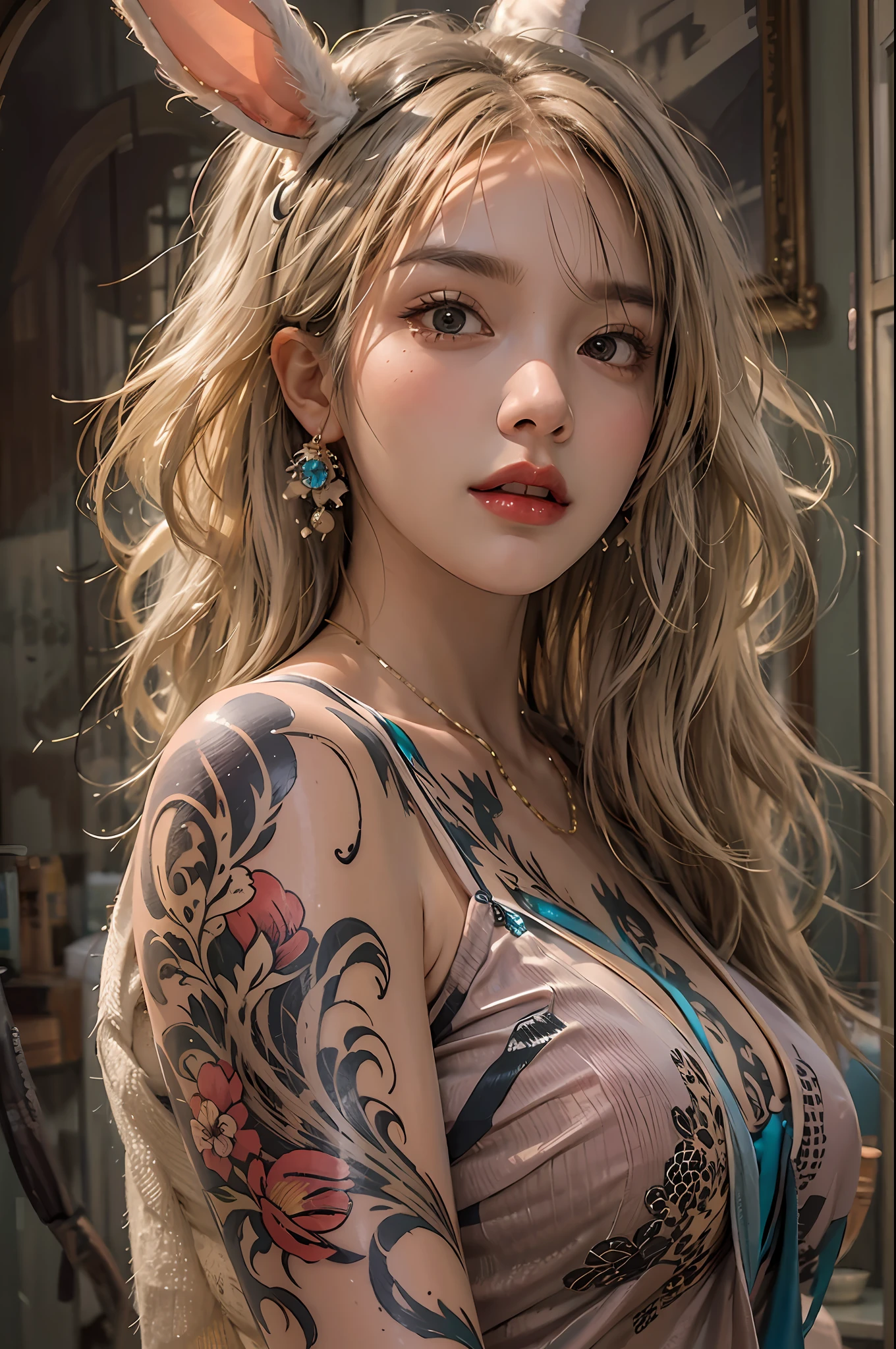 photorealistic, high resolution, 1women, solo, hips up, look at viewer, (detailed face), blode hair, bunny suit, tattoo, jewelry