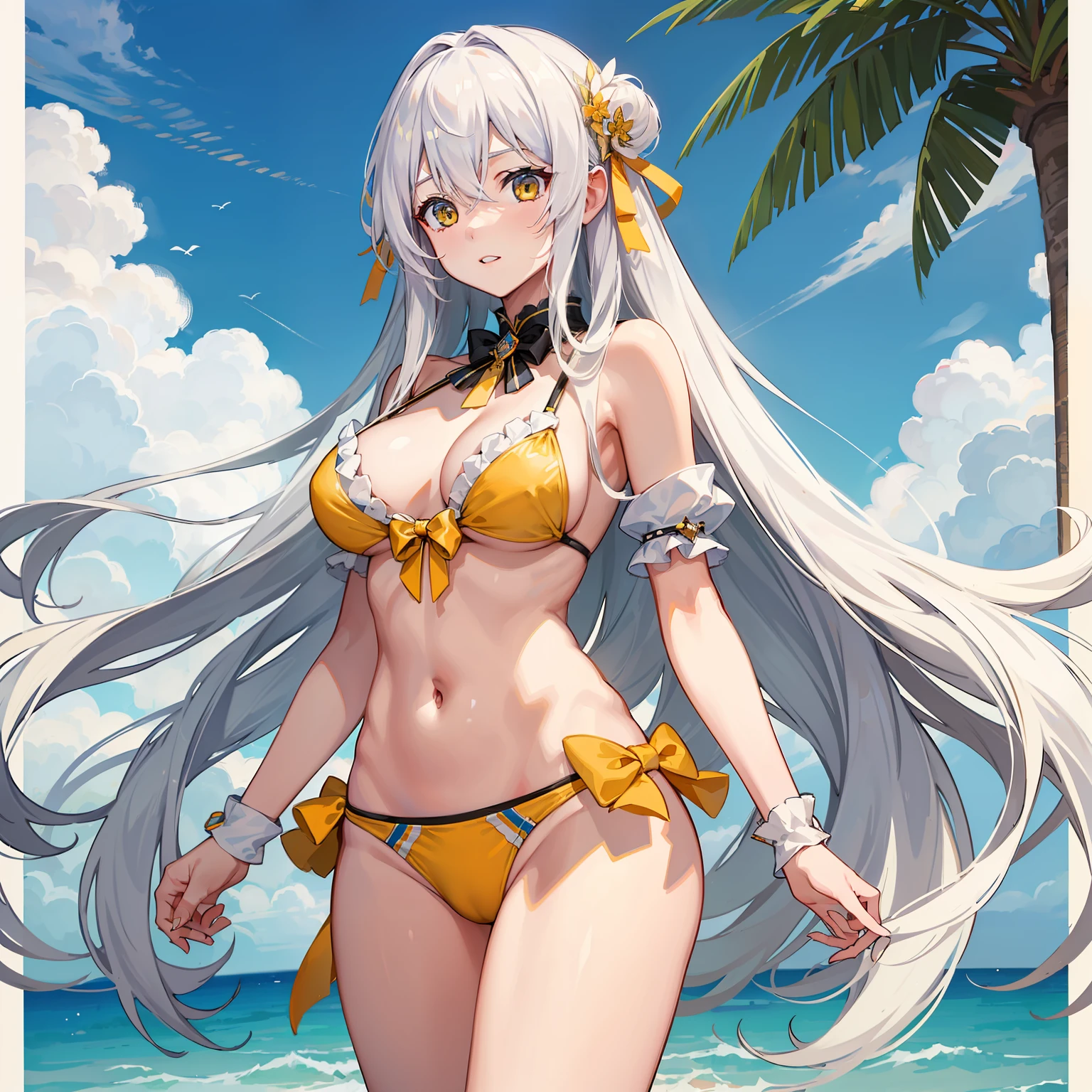 tmasterpiece， High- sharpness， Best quality at best， 1 girl solo，long  white hair，Yellow eyes，Bikini swimwear，Bigchest，Shy，Humanity