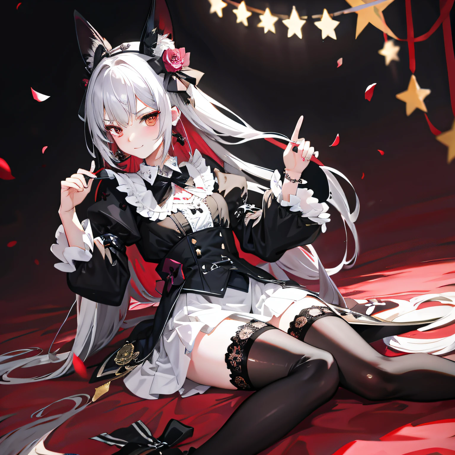 Lolita prostitute，Royal Sister，afloat，flying petal，Floating hair，White complexion、Sharply defined、Slender eyebrows、Deep eyes，Black slim-fit long-sleeved shirt、Black Lolita、high-waist、obi strip、black over-the-knee socks、Silver-toned earrings，lace legwear、tigh-high boots、trinkets、hair adornments、neck chain、Bracelet，Falling streamers and debris，mystical ambiance。Masterpiece, Best quality, Refined face，ssmile, 8K, A high resolution, Super resolution,absurderes, A high resolution, Ultra detailed, elegant flourishes, and a sense of craftsmanship and skill,