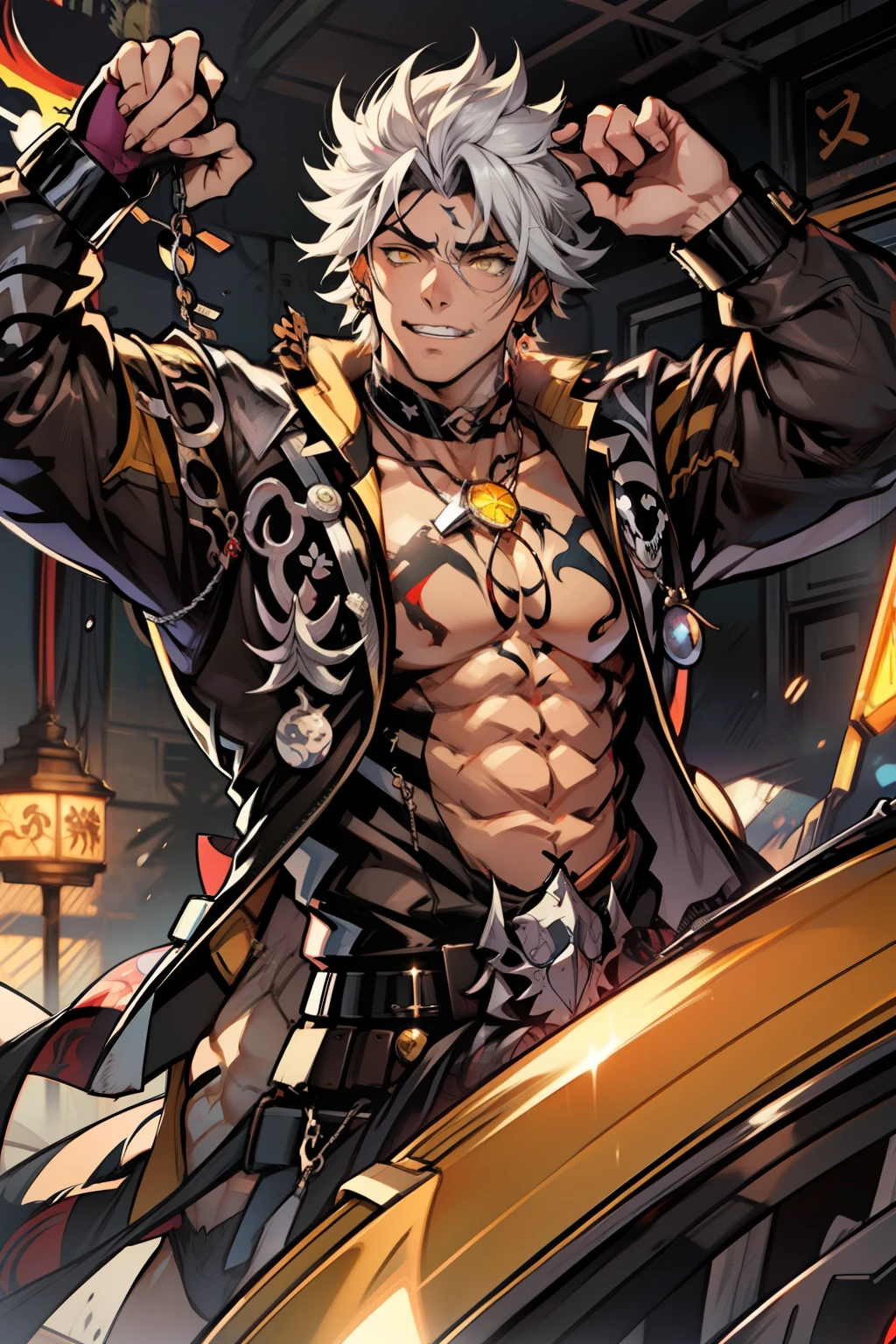 《the original god》Arataki Kazuto , male people,,((Masterpiece)), ((Best quality)), Ultra detailed,((illustration)), Dynamic Angle, Detailed light, (Delicate eyes), Floating, 1boy, Male focus, Head, Clothing, Yellow eyes, necklace, tattoo, (Forehead:0.8), (ahoge:0.8), jewelry, apathy,Ray, chest muscle, Sexy , Venom symbiote for your body, Black mucus of the body , (into venom), Venom,frontage,style of anime4 K, 4K anime wallpaper, Badass anime 8 K, 4 k comic wallpaper, young anime man, Anime boys, Anime wallpapers 4 k, Anime wallpaper 4K, High quality anime art style, Anime moe art style, Anime art wallpaper 8 K, Anime art wallpaper 4 K, RGB lighting