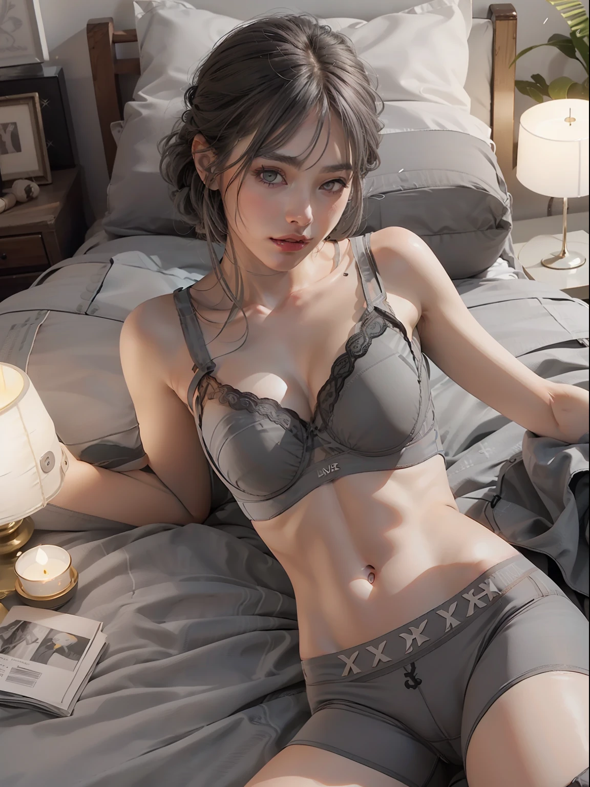 A girl, model, Simple lingerie, simple, (grey underwear:2), no patterned underwear, bra, underwear, tidy room, aesthetic, real photography, soft light, smooth skin, internal light, (glowing skin:1.5), black decoration, fashion magazine cover, star, confetti, yellow decoration,