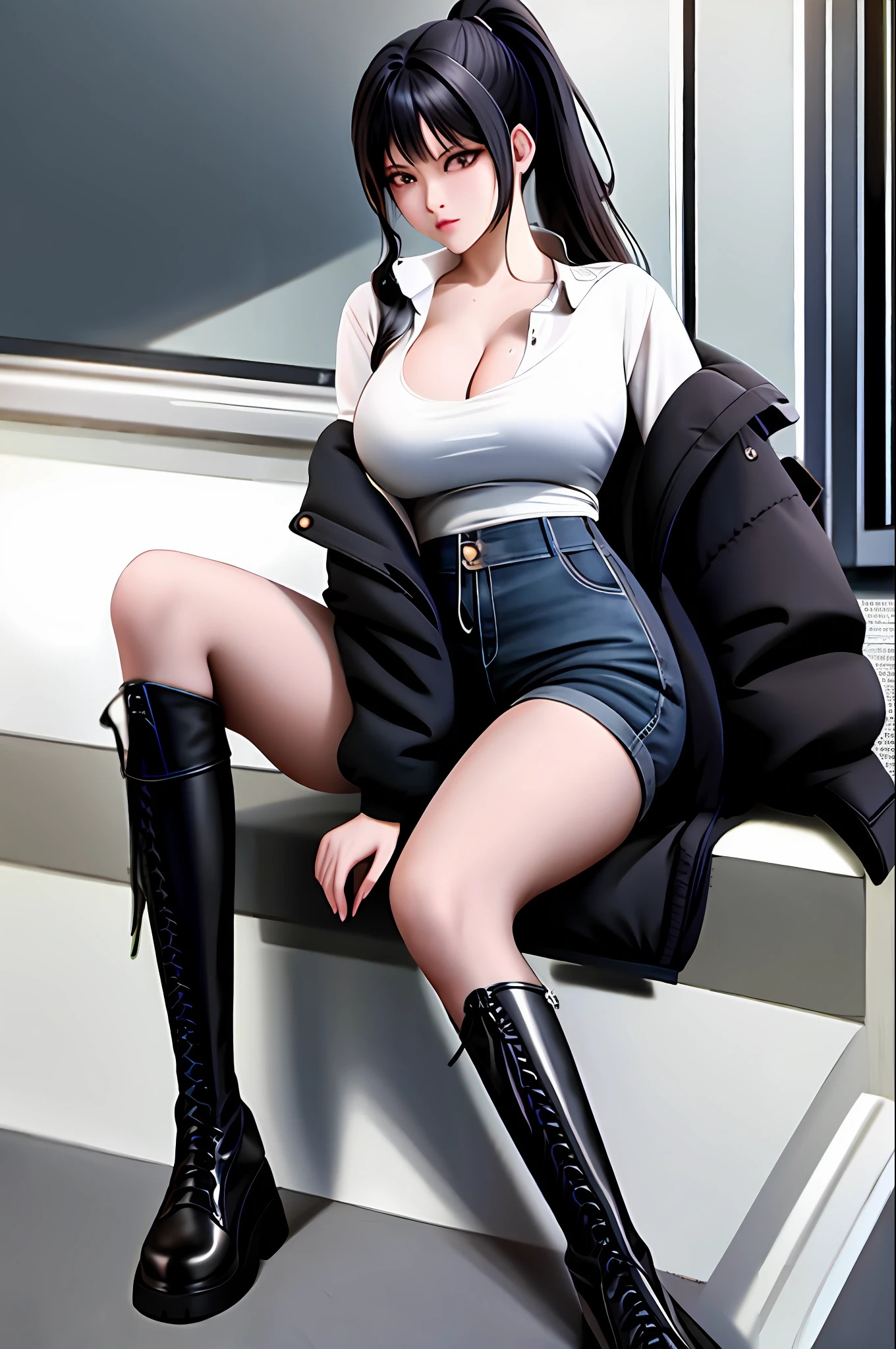 dynamic angle，hoang lap，Original，Extremely Delicately Beautiful，beautiful detailed eyes and face，1girll，black_hair，looking_at_viewer，独奏，（tmasterpiece：1.4），（best qualtiy：1.4），Black leather boots，big cleavage breasts，black color hair，red color eyes，High ponytail，White sweatshirt，hot pant，bluntbangs，