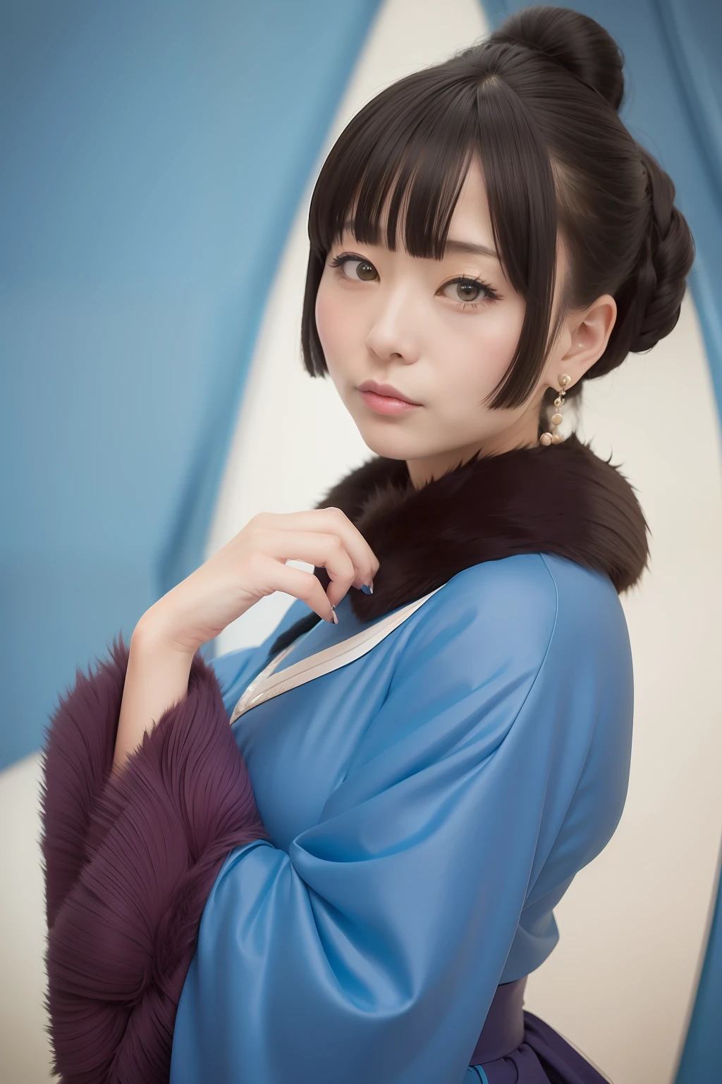 Alafed woman with fur collar and blue top, inspired by Yuko Tatsushima, anime portrait of shiina ringo, Inspired by Chizuko Yoshida, inspired by Takehisa Yumeji, inspired by Nara Yoshitomo, inspired by Fuyuko Matsui, anime style portrait, lofi portrait, stylized portrait