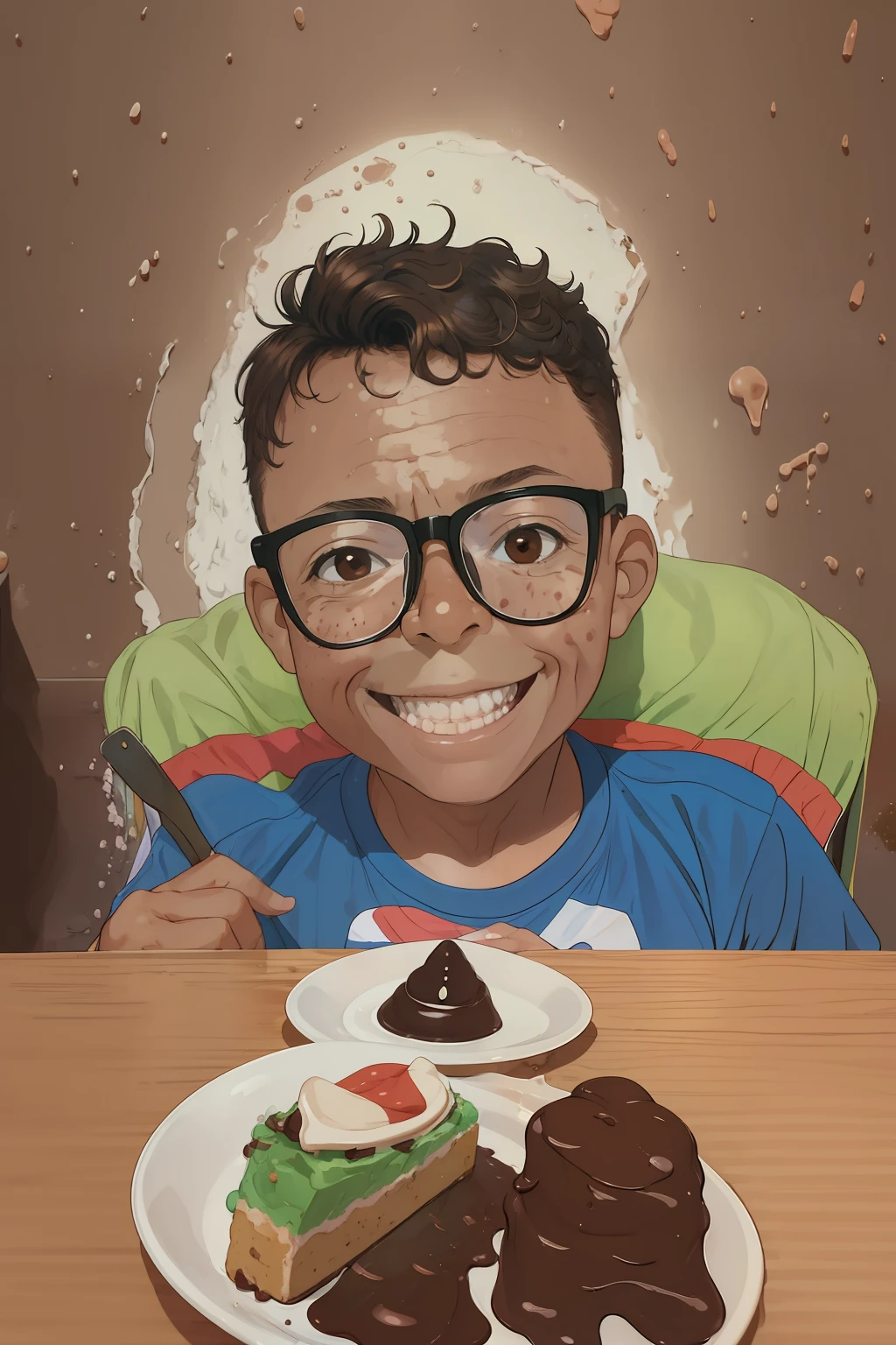 "((best quality)), ((masterpiece)), ((realistic cartoon)), ((perfect character)) - A heartwarming and playful portrait of a 3--old  wearing glasses, his face joyfully covered in chocolate. The mischievous child is happily indulging in the sweet treat, creating a charming and delightful scene. The image is meticulously detailed, capturing every aspect of the boy's innocent and joyful expression, as well as the texture of the chocolate smudges. Presented in stunning 8K UHD resolution, this realistic and captivating portrait truly brings to life the happiness and playfulness of the little joying his chocolate adventure."

eye level, scenic, masterpiece