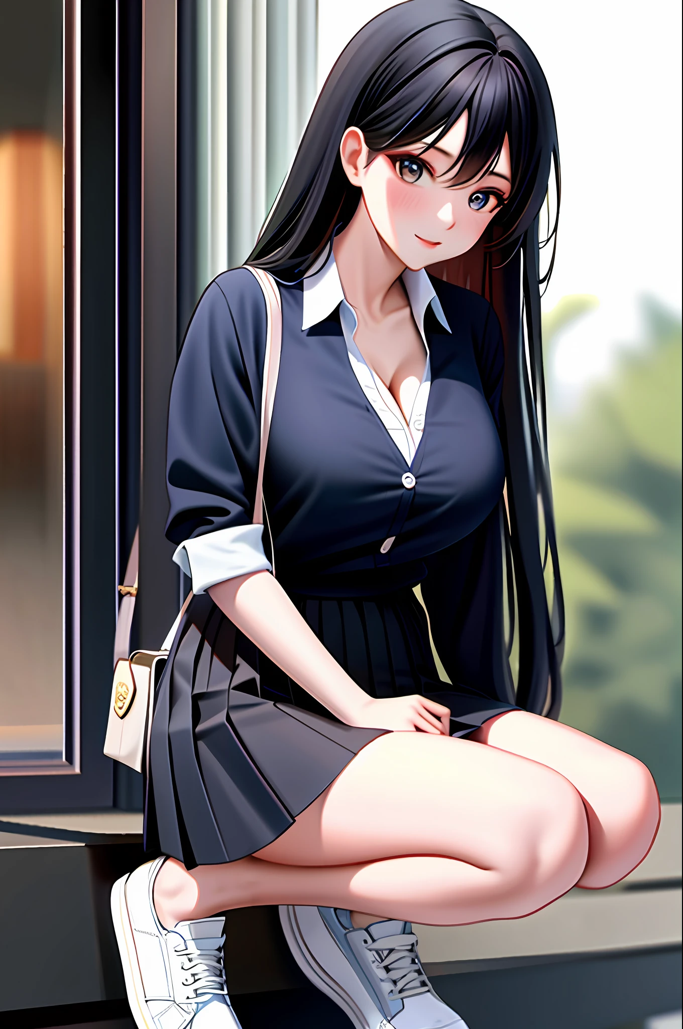 frontage,hoang lap,Original,Extremely Delicately Beautiful,Beautiful detailed eyes and face,1girll,black_Hair,Looking_at_peeping at the viewer,独奏,(tmasterpiece:1.4),(best qualtiy:1.4),White sneakers,big cleavage breasts,Black color hair,The eye,Very long hair,Shenzhen school uniform,White and blue pleated skirt,bluntbangs,