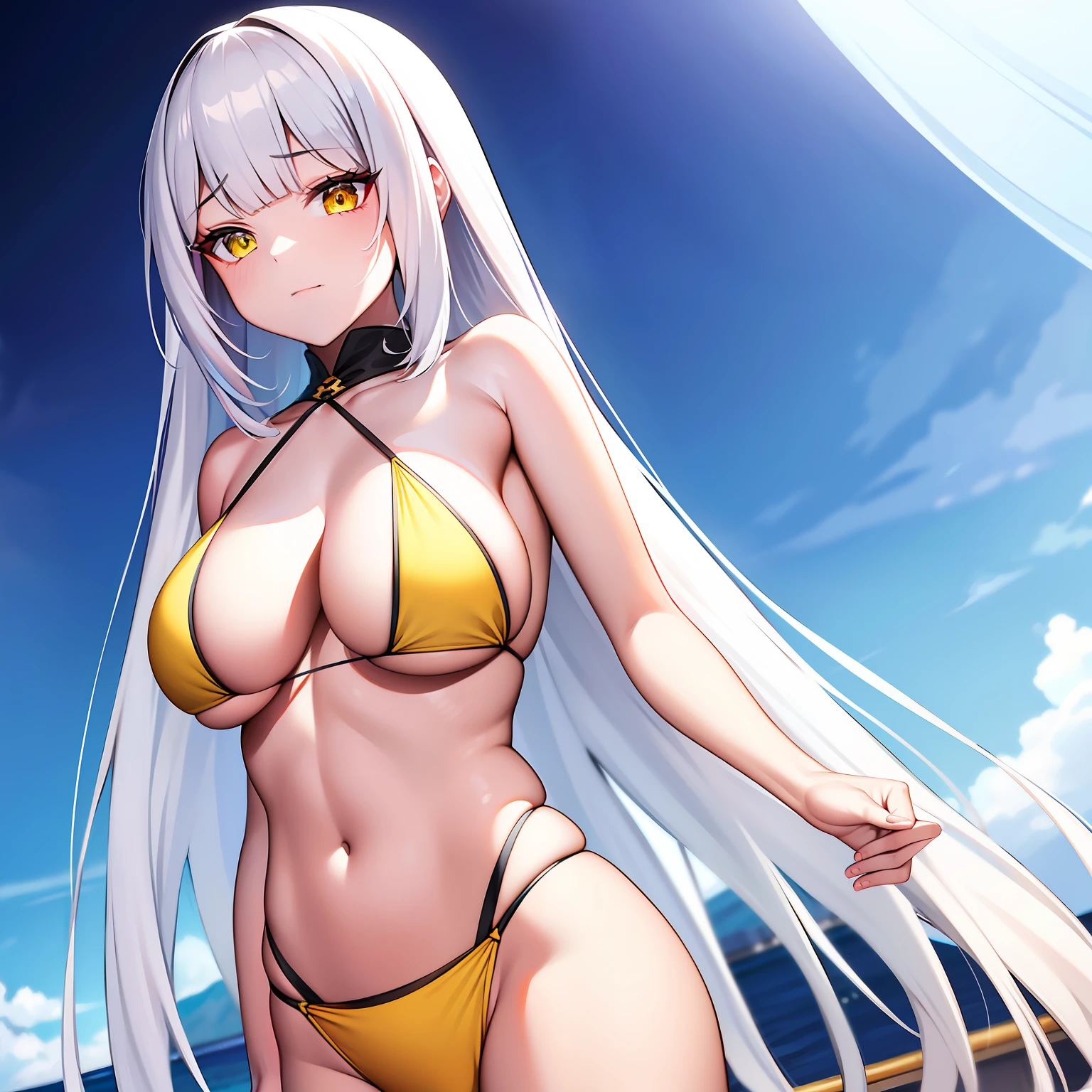 tmasterpiece, High- sharpness, Best quality at best, 1 girl solo,long white hair,Yellow eyes,Bikini swimwear,Bigchest,Shy,Humanity