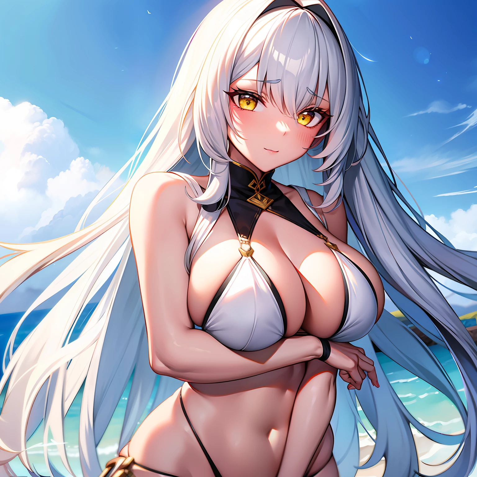 tmasterpiece, High- sharpness, Best quality at best, 1 girl solo,long white hair,Yellow eyes,Bikini swimwear,Bigchest,Shy,Humanity