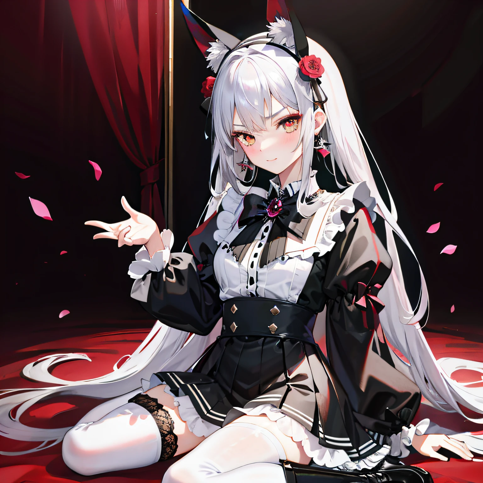 Lolita prostitute,Royal Sister,afloat,flying petal,Floating hair,White complexion、Sharply defined、Slender eyebrows、Deep eyes,Black slim-fit long-sleeved shirt、Black Lolita、high-waist、obi strip、black over-the-knee socks、Silver-toned earrings,lace legwear、tigh-high boots、trinkets、hair adornments、neck chain、Bracelet,Falling streamers and debris,mystical ambiance。Masterpiece, Best quality, Refined face,ssmile, 8K, A high resolution, Super resolution,absurderes, A high resolution, Ultra detailed, elegant flourishes, and a sense of craftsmanship and skill,