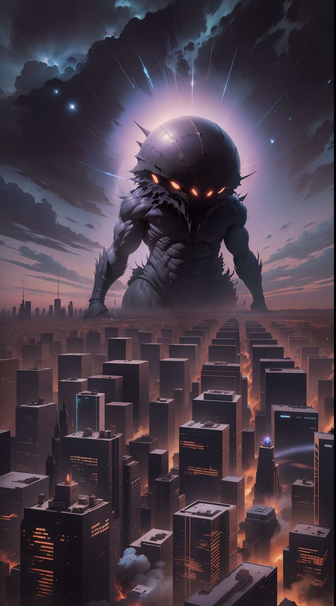 silhueta preto, Cosmic terror over the city, Colossal, mega realista