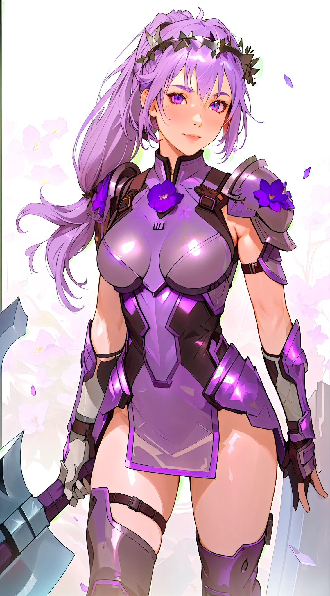 Complete art masterpiece, high quality, ultra detailed in 4k, 8k, high resolution, hyper-realistic photo, hyper-detailed, realistic skin texture, black background, extremely detailed texture, perfect lighting, high-level image quality." A female heroine, ((best quality)), ((highly detailed)), masterpiece, ((official art)), (detailed eyes, deep eyes, glowing eyes, purple eyes), (1girl:1.33, solo), gray brown leather armor , (happy look), (smile), (light purple hair, beautiful short hair, bob hair, side ponytail), (Fair skin, light purple hair, Japanese, outlined eyes, outlined face, gloves, Full body), wearing a brown one-piece leather armor, leather skirt, leather shoulder pads, growing axe, bright silver axe, leaning on a knee on the ground, (light purple anime hair style), anime style , 2.5D art, boots, (huge axe), (beautiful flower crown), oil on matte canvas, sharp details, the expanse scifi spacescape ceres colony, intricate, highly detailed, digital painting, rich color, smooth, sharp focus, illustration, Unreal Engine 5, 8K, art by art, germ and greg rutkowski, Wallpaper (hyper realistic, detailed), flawless face, ultra definition FULL HD 8K, perfect silhouette well defined medium breasts, killer butt, wearing cosplay costume, , (standing), (holding axe on one hand) , (absurd res, absolutely resolution, incredibly absurdres, highres, reflection, refraction:1.4, ultra detailed:1.0, official art, unity 8k wallpaper:1.3), (beautiful face, beautiful eyes, shiny skin, oily skin:1.3), (collage art, (mixed media):1.2, layered textures, diverse materials, unexpected combinations, creative exploration, vibrant composition:1.1), (face focus, extreme close-up face:1.3), (weapon, purple eyes, solo, long purple side ponytail hair, axe, holding, holding weapon, gauntlets, holding axe, looking at viewer, shoulder armor, stand, (axe), (dark purple floral crown), (dark purple flower crown), light gray hair, long light purple ponytail on shoulder, (flower crown), paladin armor