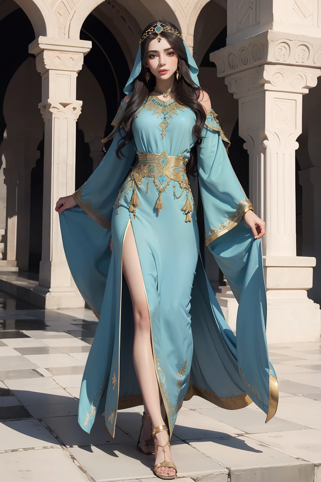 Beautiful arabian princesse with caftan outfit cover full body with great eagle